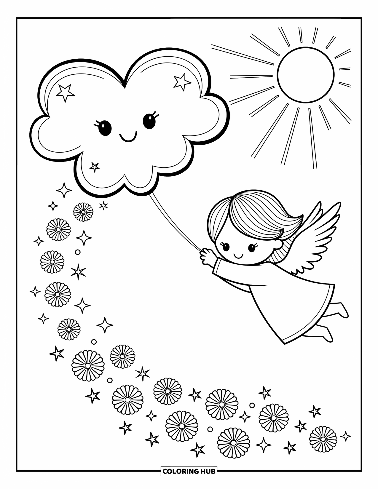 Desen de colorat cu îngeri pentru adulți: Un înger jucăuș împinge un nor în formă de inimă cu stele și flori
