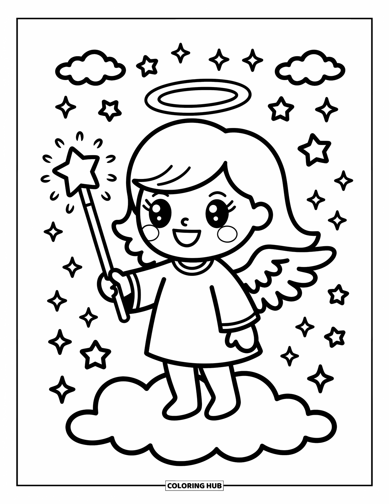 Desen de colorat cu îngeri pentru adulți: Un înger jucăuș cu o baghetă magică face stelele să strălucească pe un nor