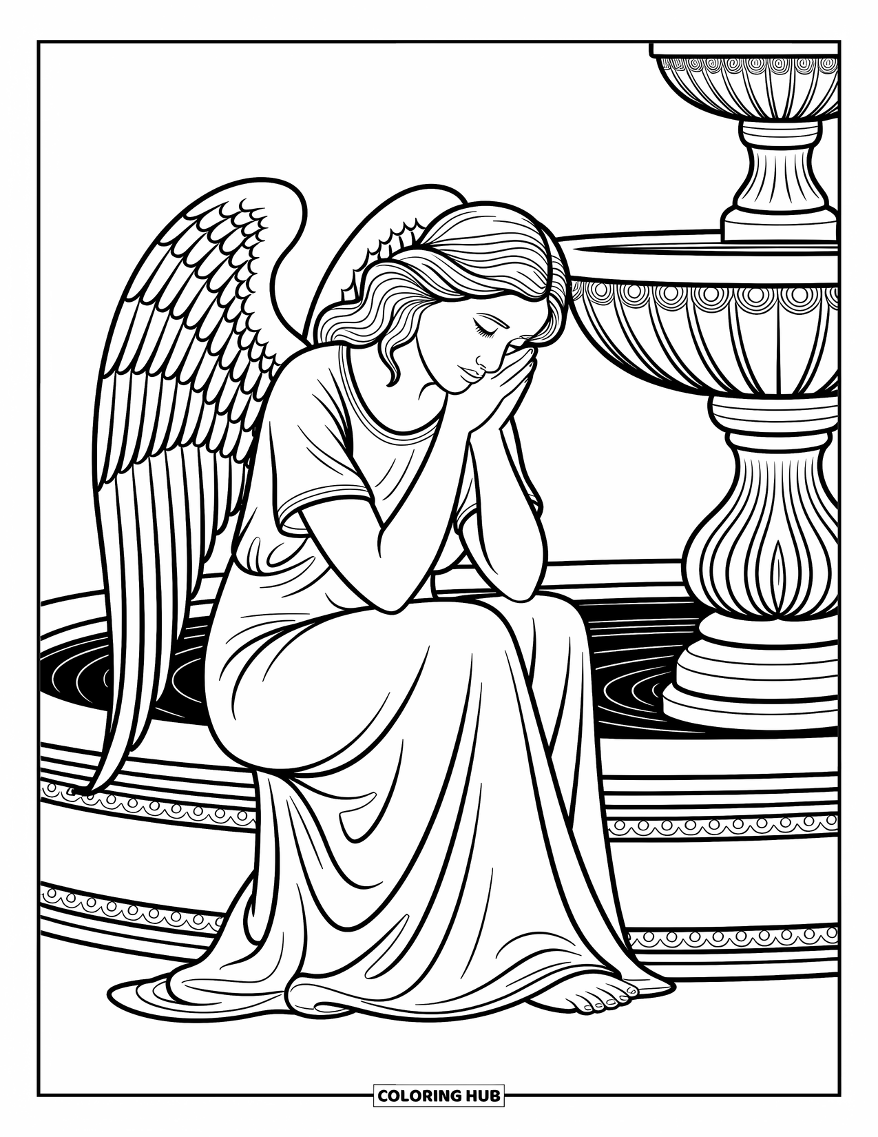 Desen de colorat cu îngeri pentru adulți: Un înger trist cu aripile pliate stă lângă o fântână