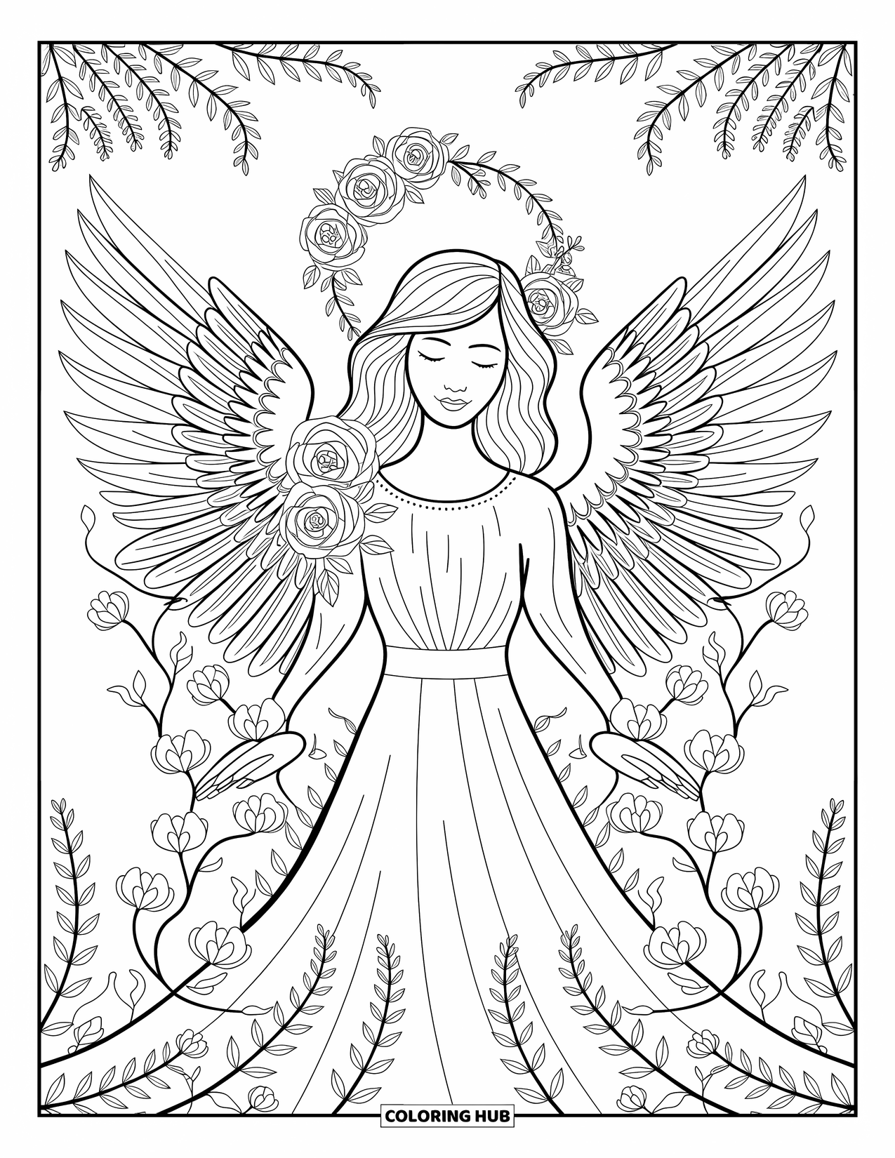 Desen de colorat cu îngeri pentru adulți: Un înger senin cu o aureolă florală și modele complicate pe aripi