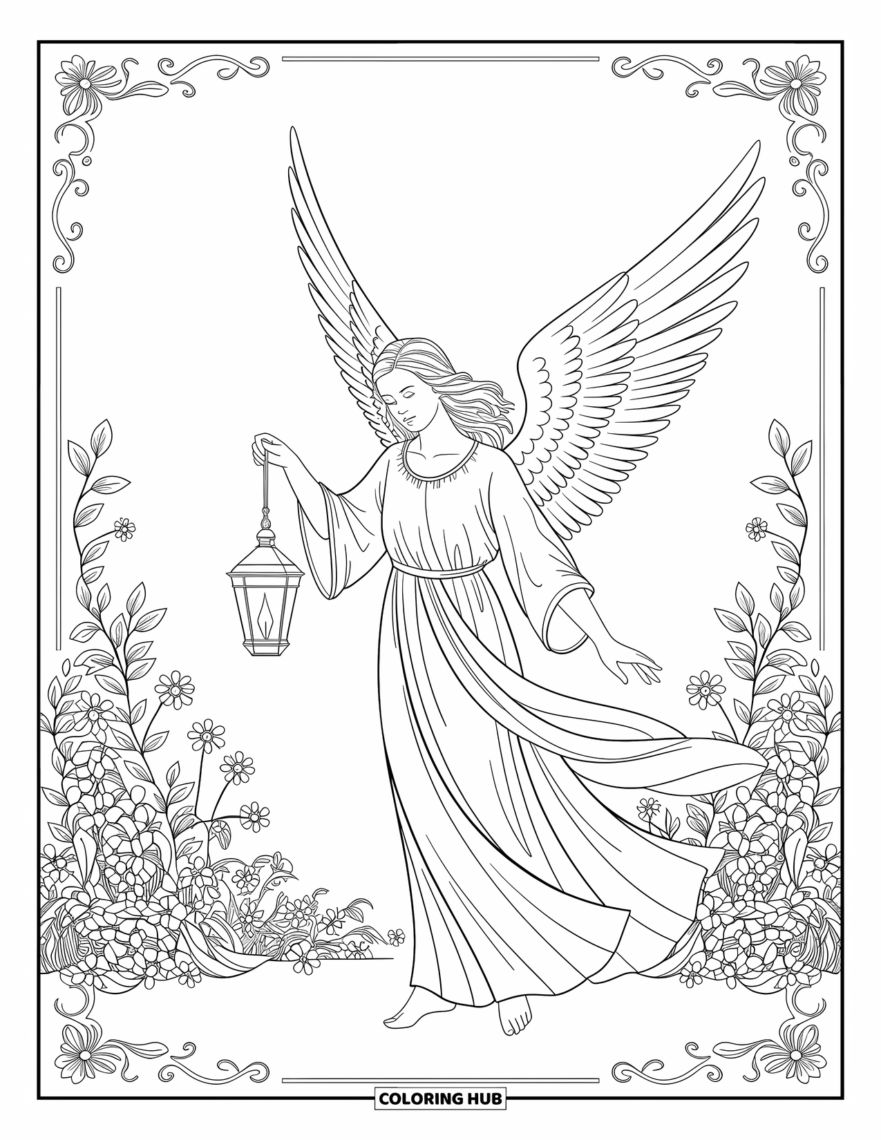 Desen de colorat cu îngeri pentru adulți: Un înger senin cu un felinar printre modele florale detaliate