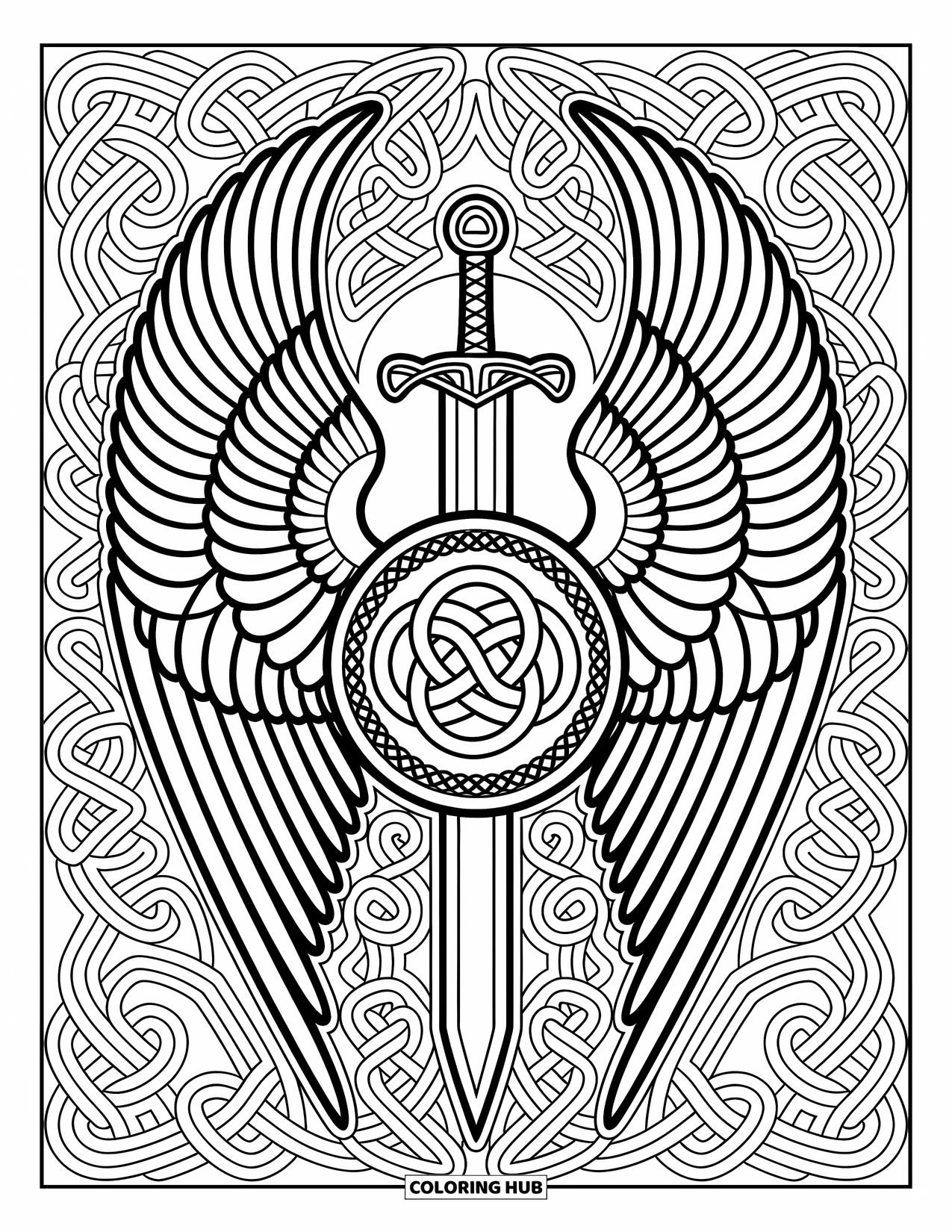 Desen de colorat cu îngeri pentru adulți: Un înger senin cu o sabie și un scut, înconjurat de modele celtice complicate