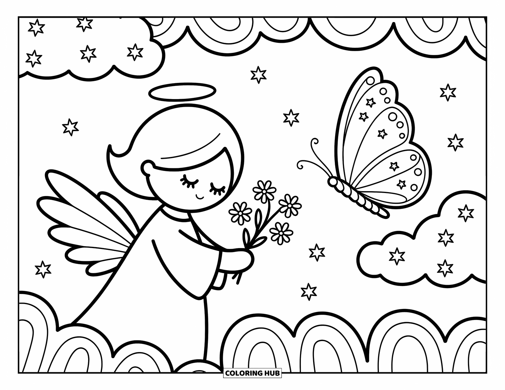 Desen de colorat cu îngeri pentru adulți: Un înger timid oferă flori unui fluture pe un nor