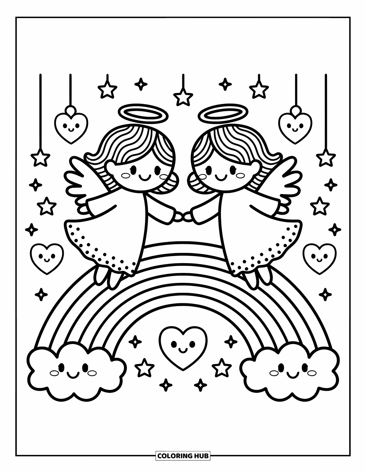 Desen de colorat cu îngeri pentru adulți: Un înger somnoros pe o semilună plutește cu stele atârnate