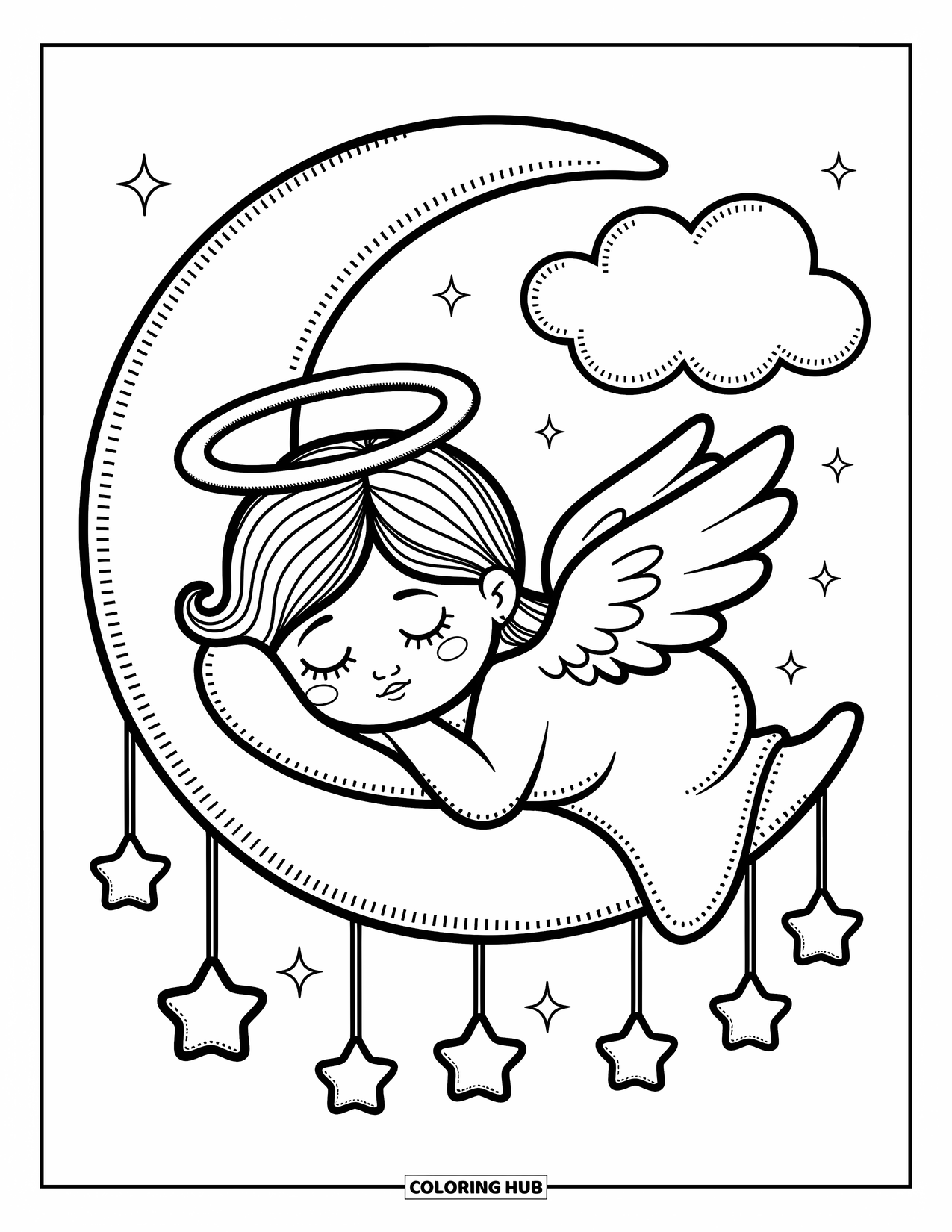 Desen de colorat cu îngeri pentru adulți: Un înger somnoros se cuibărește pe o semilună cu stele atârnate
