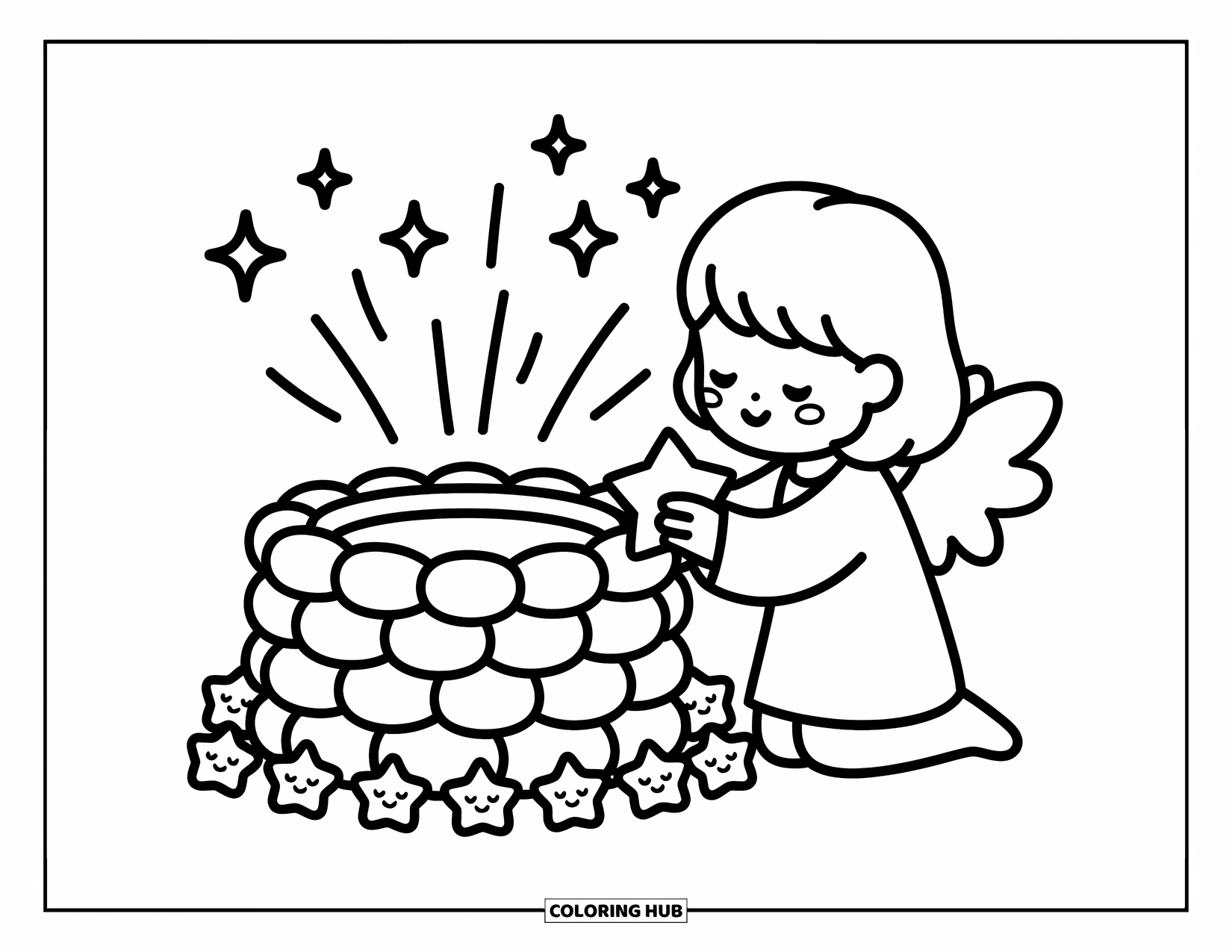 Desen de colorat cu îngeri pentru adulți: Un înger mic îngenunchează lângă o fântână a dorințelor cu o stea