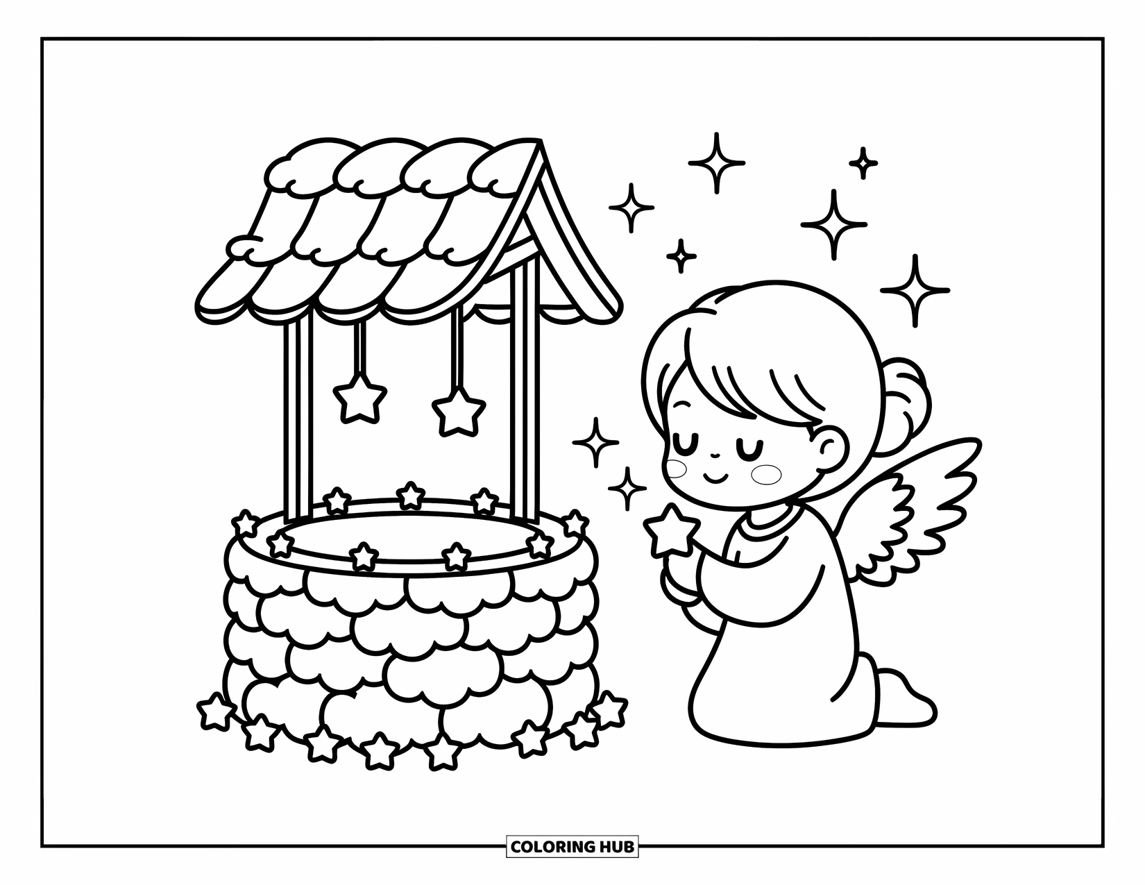 Desen de colorat cu îngeri pentru adulți: Un înger mic își pune o dorință lângă o fântână nor ținând o stea strălucitoare