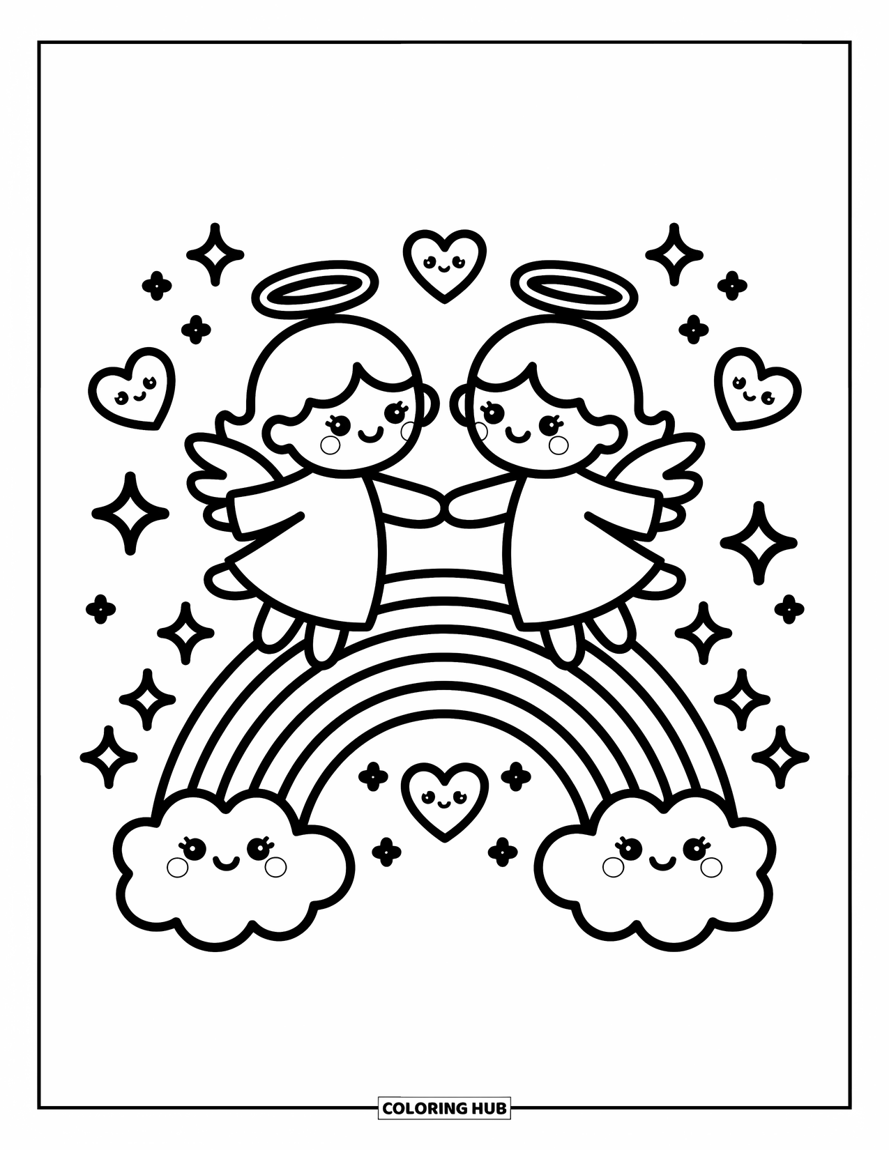 Desen de colorat cu îngeri pentru adulți: Un înger obosit trage un pui de somn pe o semilună sub steluțe mici