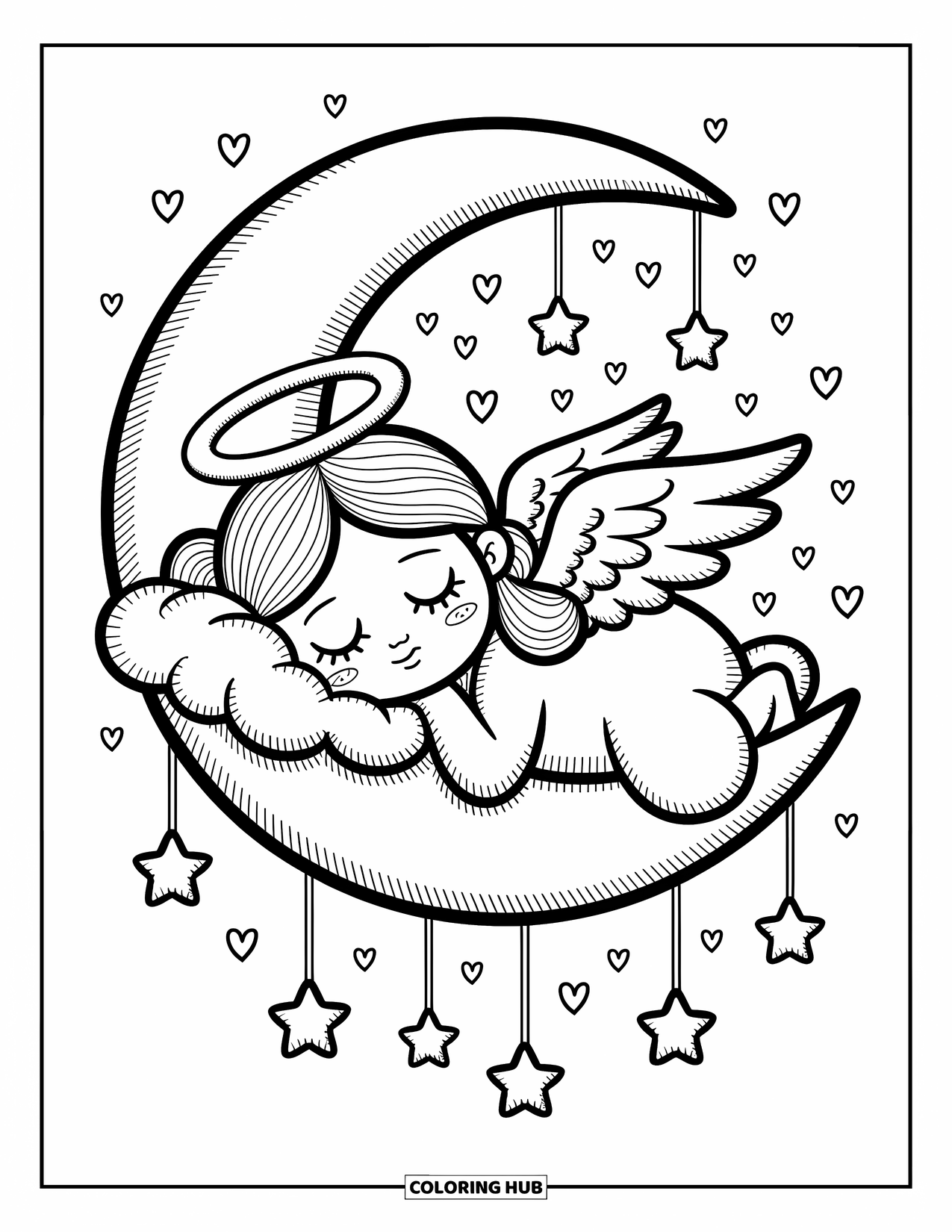 Desen de colorat cu îngeri pentru adulți: Un înger plutește cu un coș de inimi strălucitoare care se transformă în flori