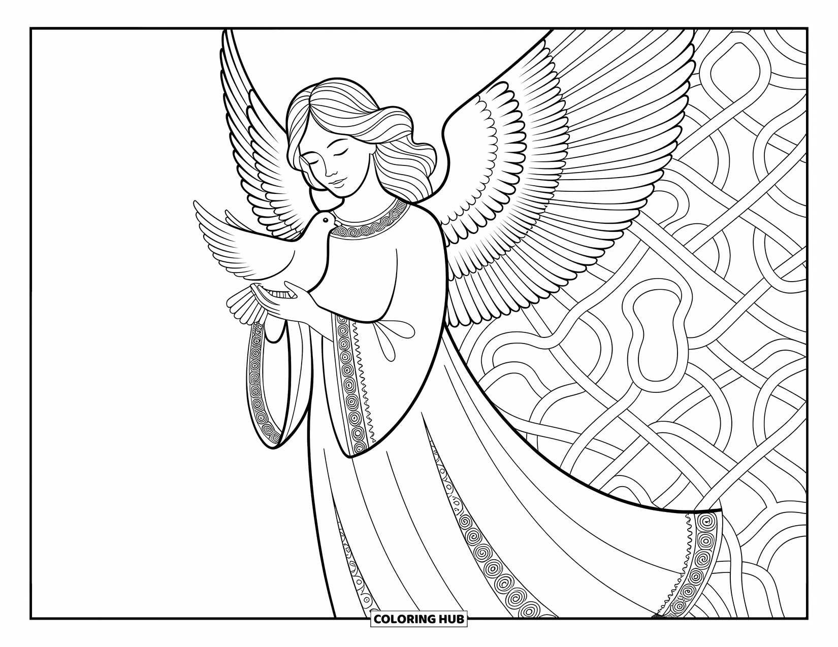 Desen de colorat cu îngeri pentru adulți: Un înger ținând un porumbel stă grațios cu detalii delicate din dantelă
