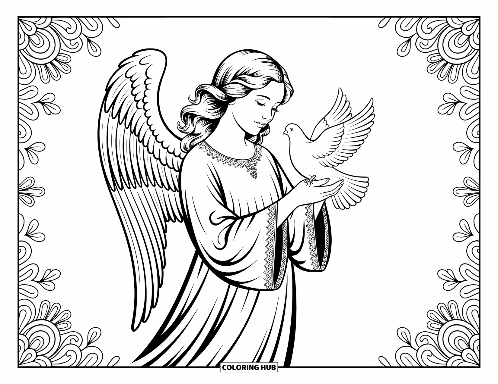 Desen de colorat cu îngeri pentru adulți: Un înger ținând un porumbel stă grațios cu detalii din dantelă