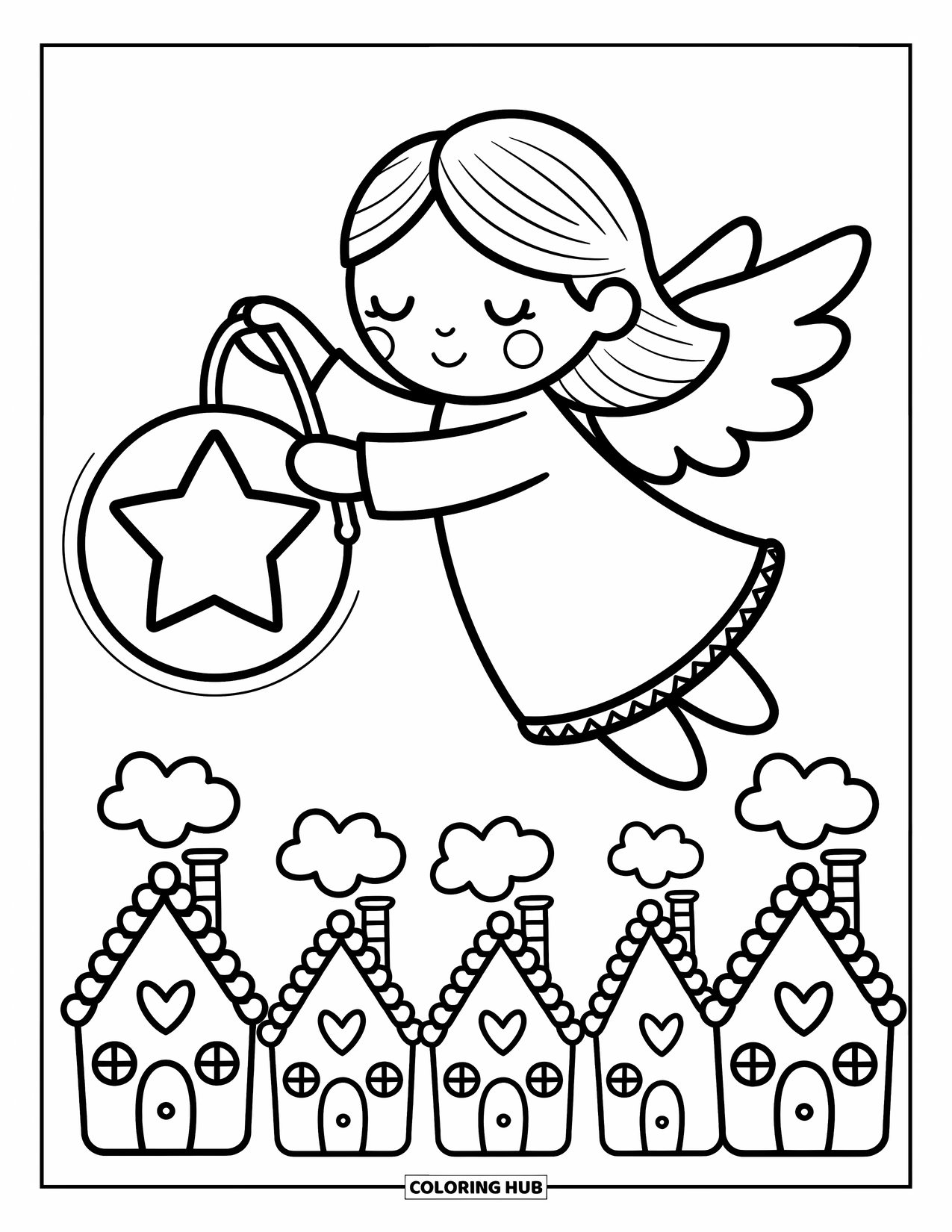 Desen de colorat cu îngeri pentru adulți: Un înger ține un felinar stelar deasupra unui sat nor