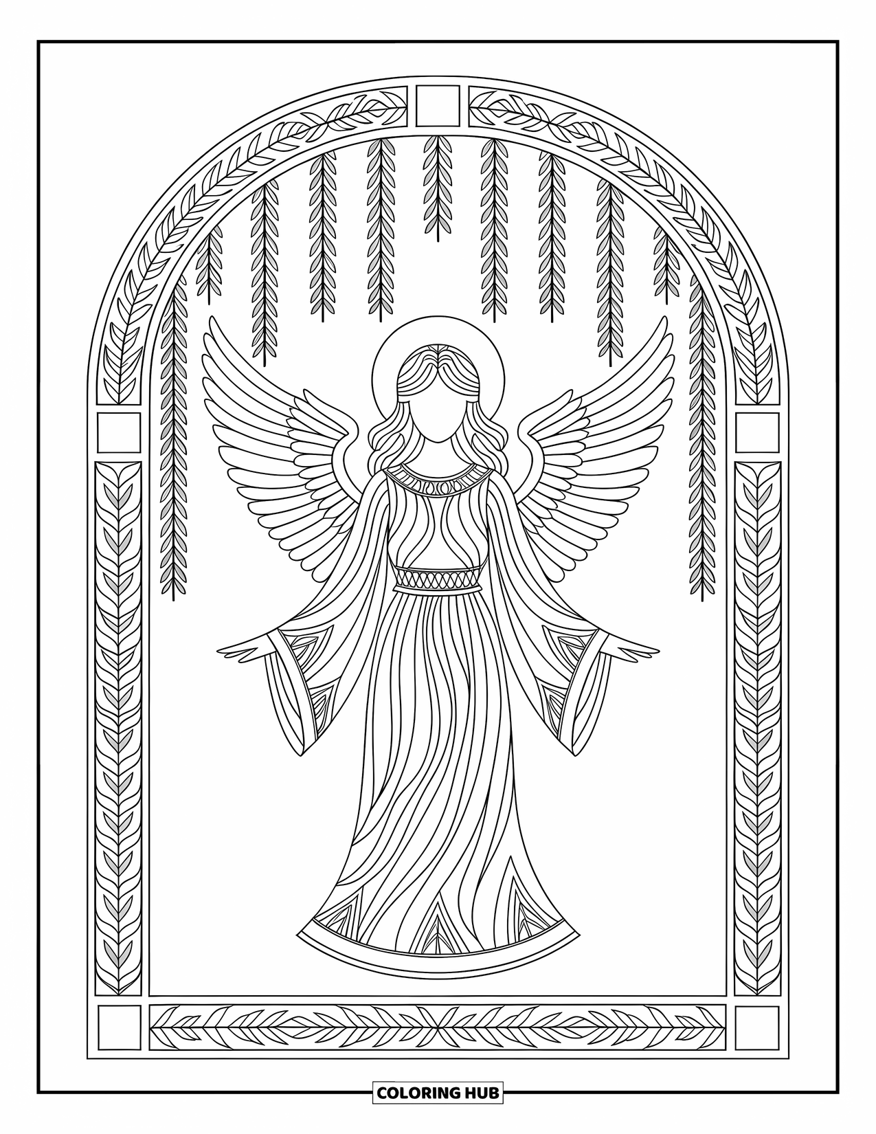 Desen de colorat cu îngeri pentru adulți: Un înger în robe ornamentate stă grațios sub o arcadă acoperită de liane