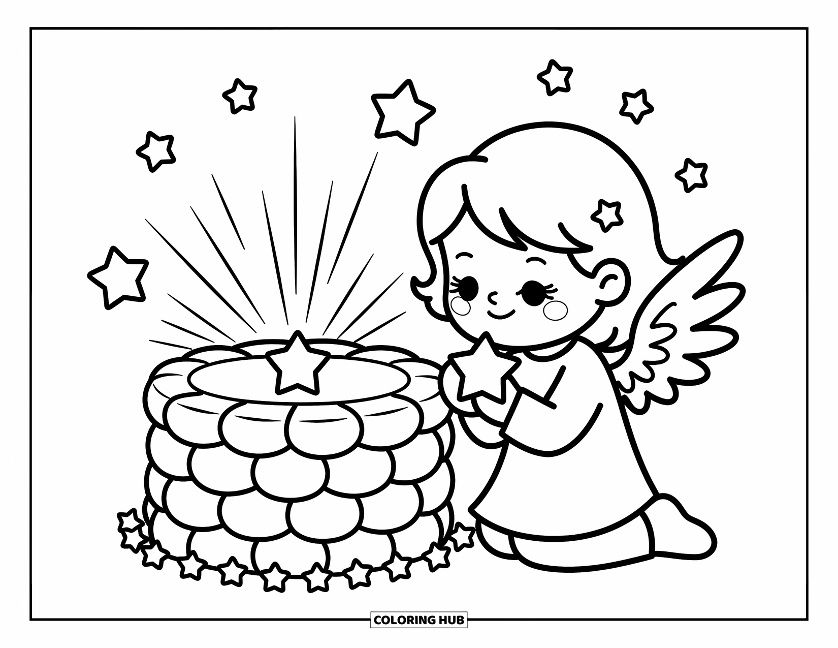 Desen de colorat cu îngeri pentru adulți: Un înger își pune o dorință sinceră lângă o fântână nor cu stele