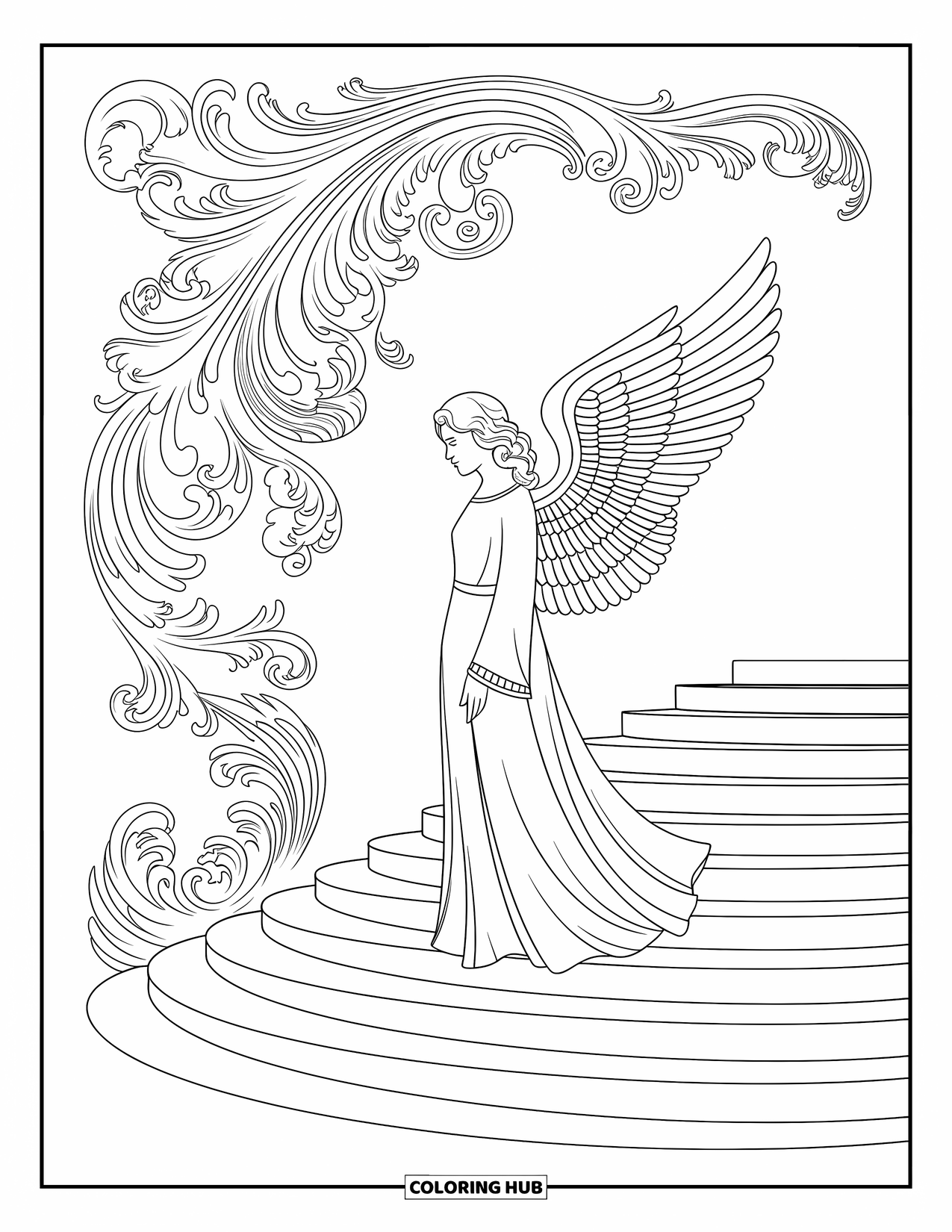 Desen de colorat cu îngeri pentru adulți: Un înger pe o scară cu modele baroc și designuri ornamentate