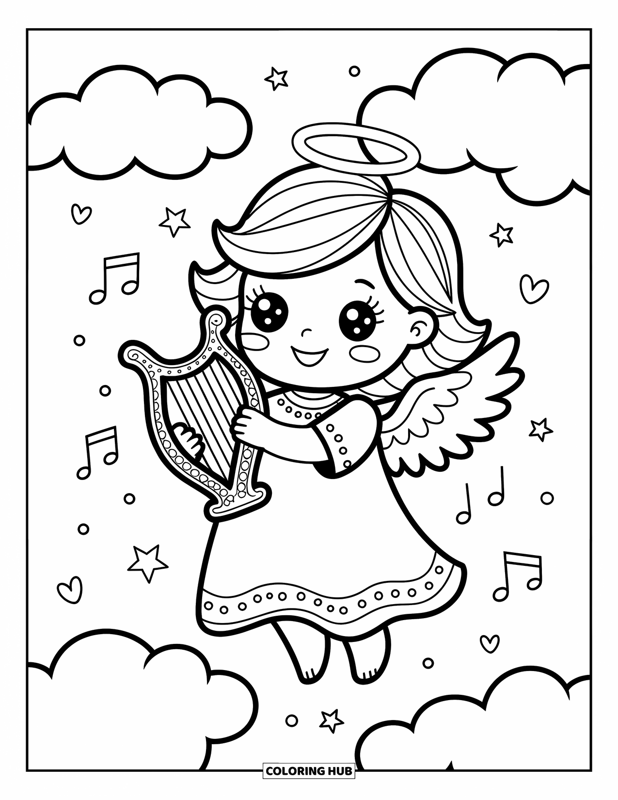 Desen de colorat cu îngeri pentru adulți: Un înger cântă la o harpă pe nori, trimițând muzică cu stele