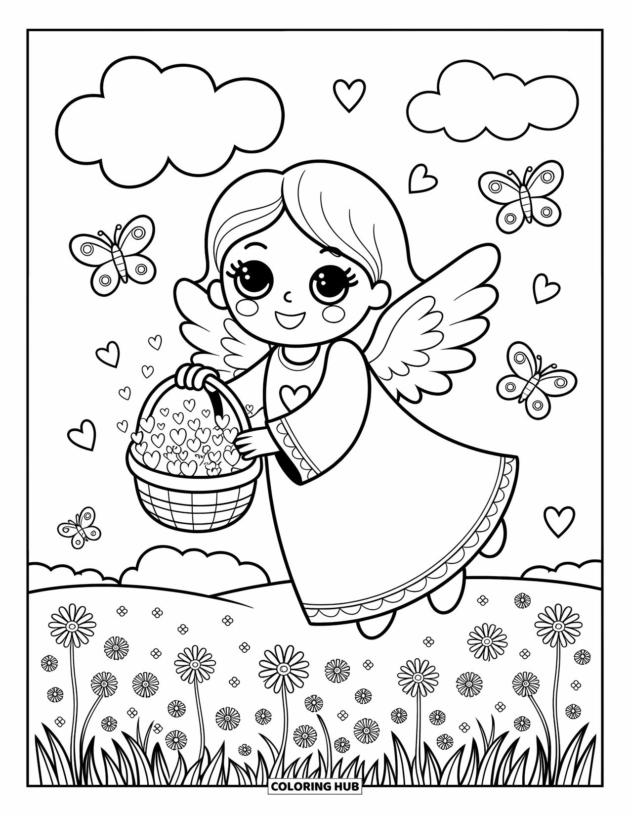 Desen de colorat cu îngeri pentru adulți: Un înger împrăștie inimi strălucitoare care se transformă în flori