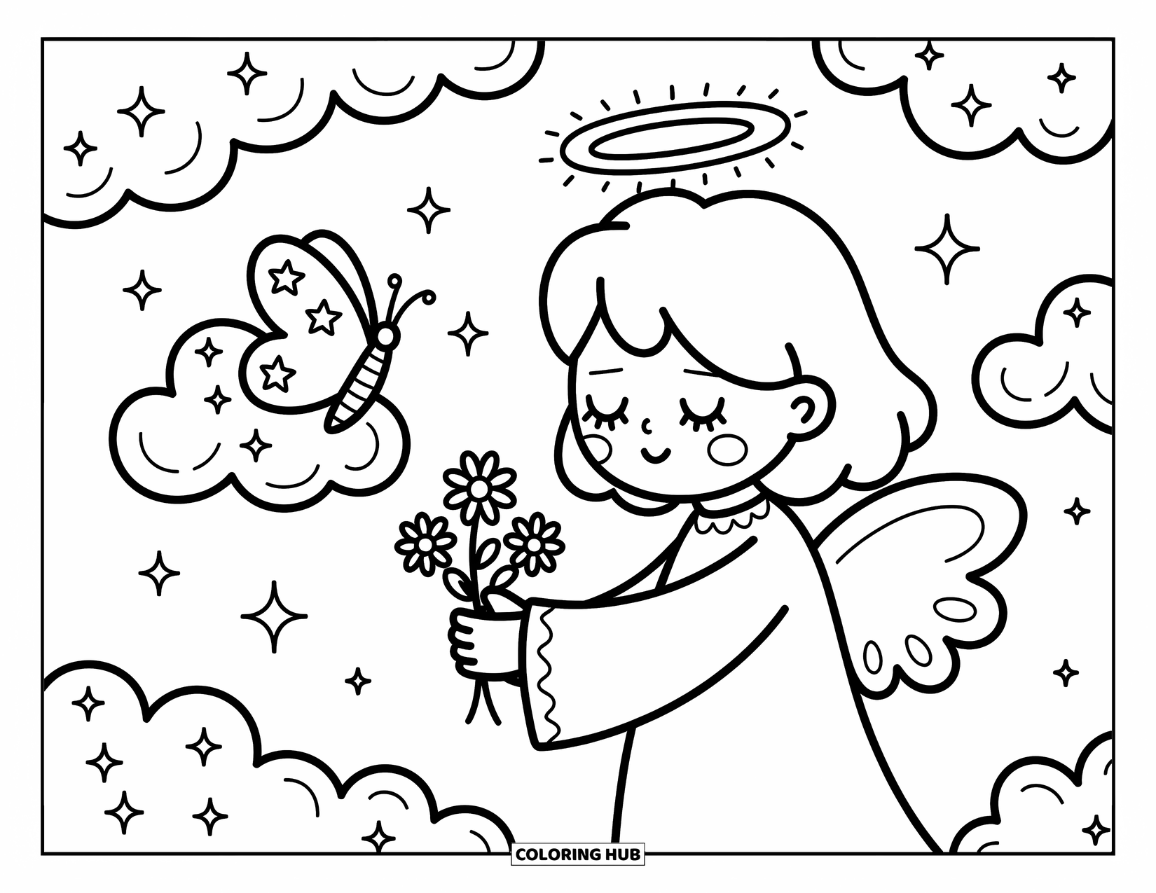Desen de colorat cu îngeri pentru adulți: Un înger prezintă timid flori unui fluture pe un nor