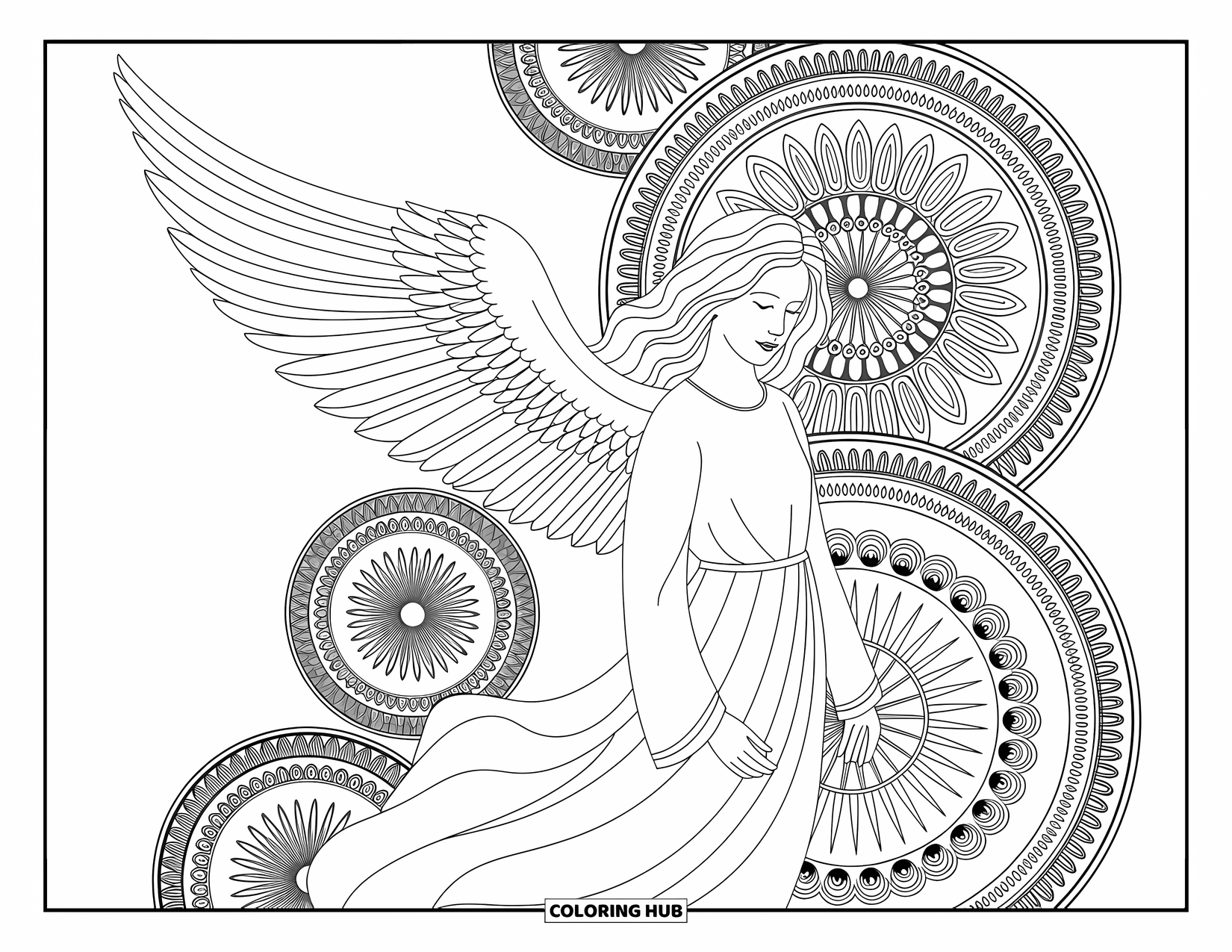 Desen de colorat cu îngeri pentru adulți: Un înger înconjurat de mandale cu o expresie senină