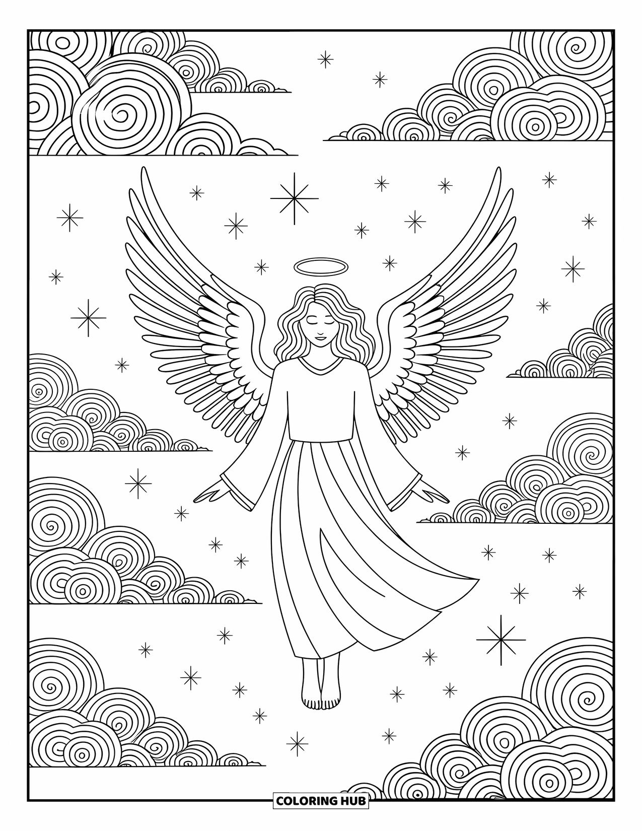 Desen de colorat cu îngeri pentru adulți: Un înger înconjurat de nori și stele învârtitoare cu aripi complicate