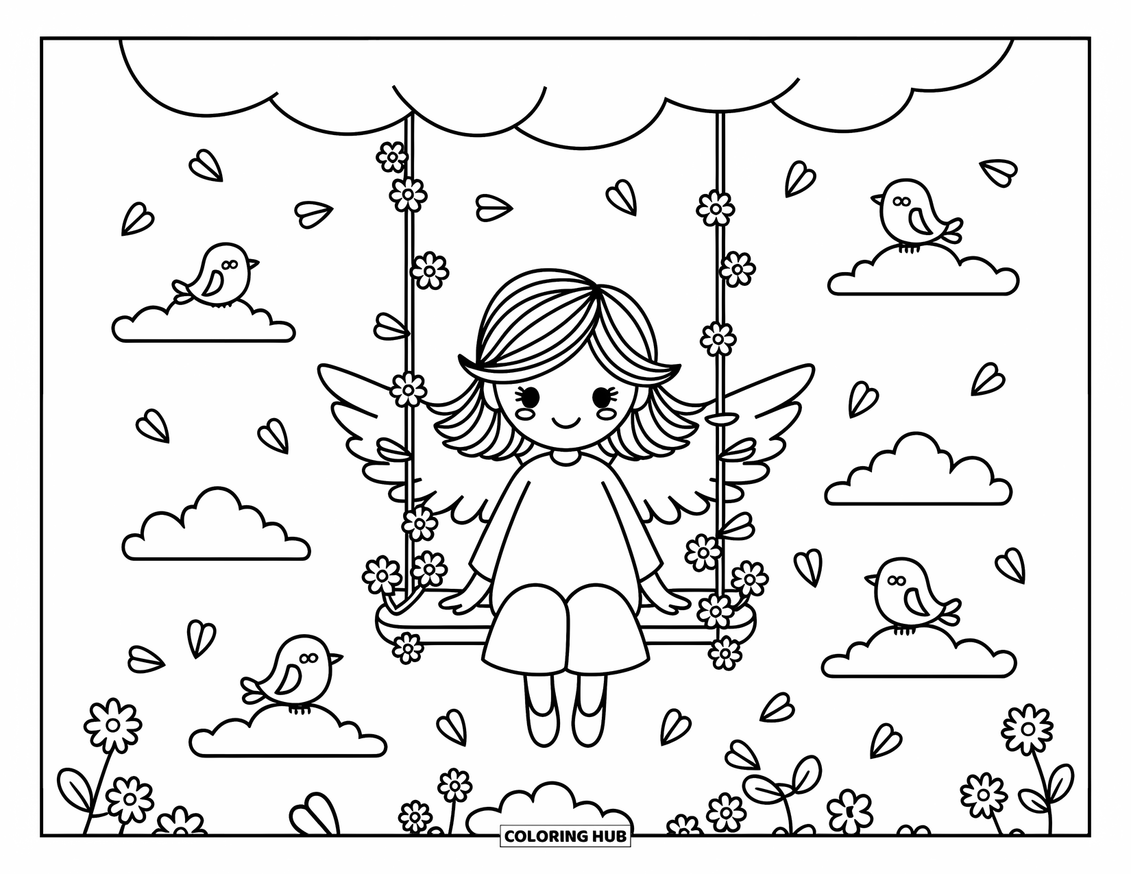 Desen de colorat cu îngeri pentru adulți: Un înger se leagănă pe nori înfășurați în liane cu păsărele