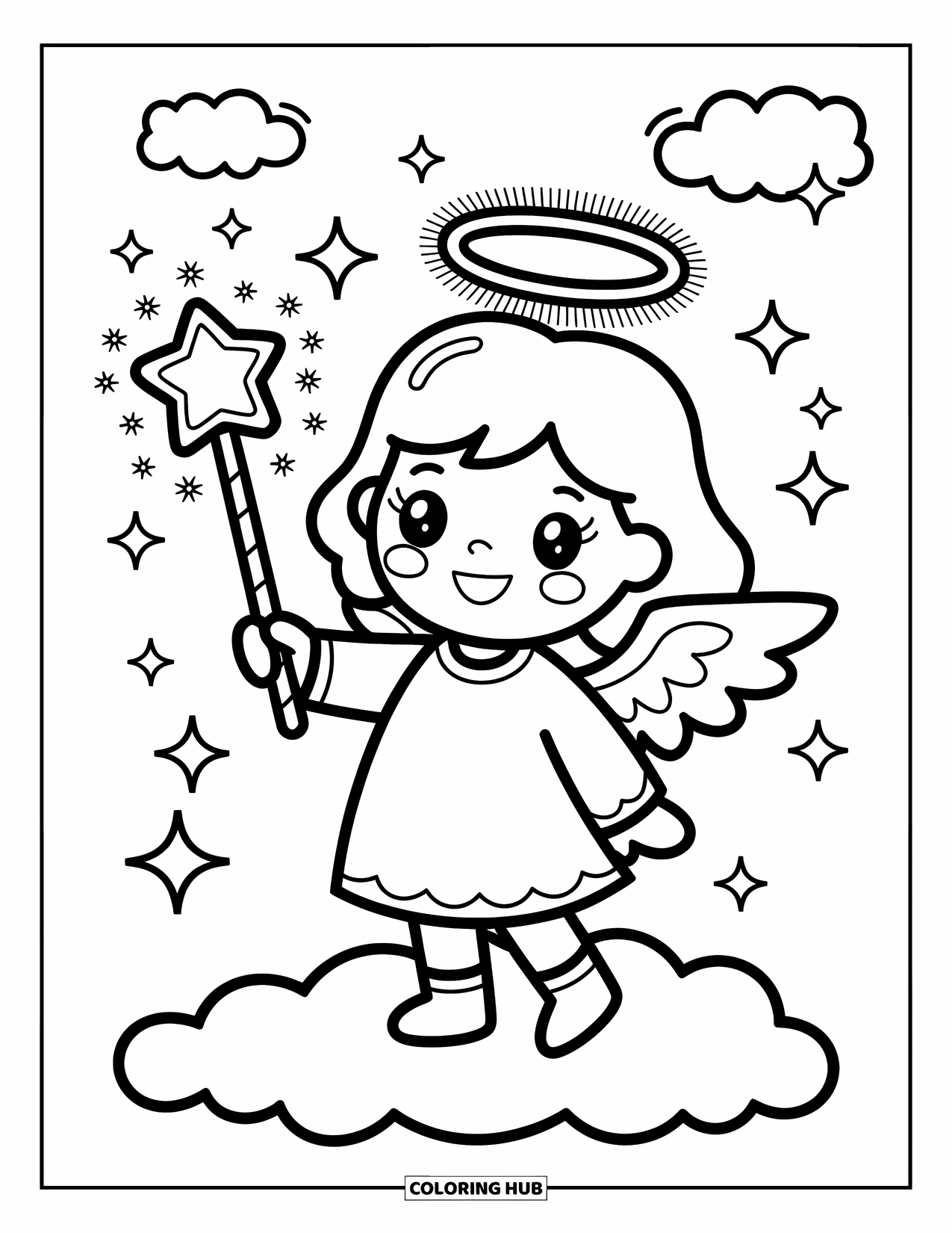 Desen de colorat cu îngeri pentru adulți: Un înger flutură o baghetă magică pe un nor, făcând stelele să sclipească