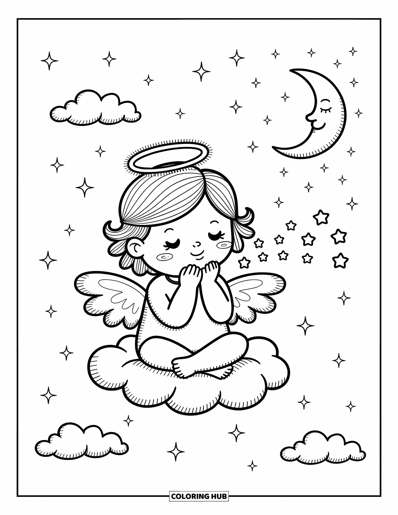 Desen de colorat cu îngeri pentru adulți: Un înger cu o harpă plutește printre stele și nori