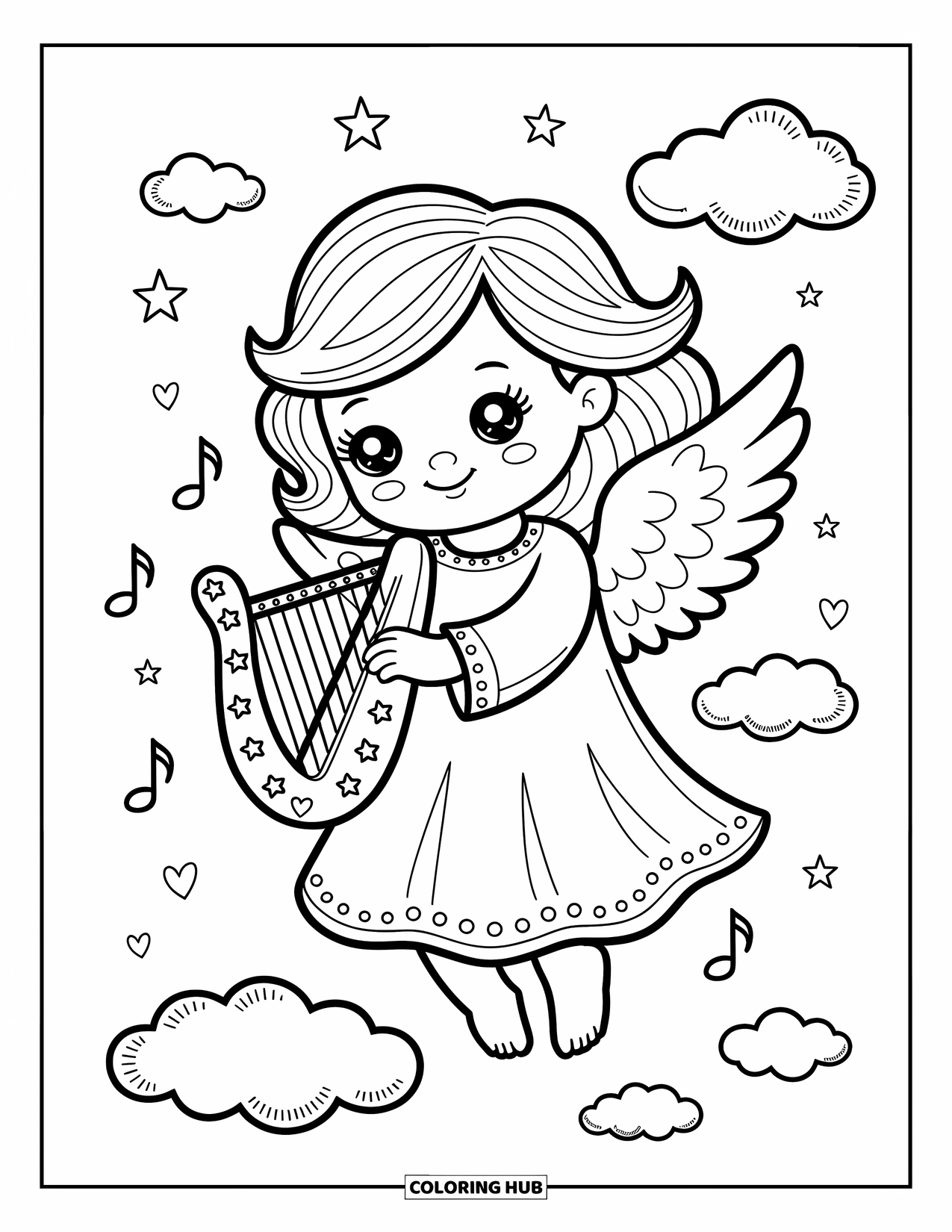 Desen de colorat cu îngeri pentru adulți: Un înger cu o harpă cântă printre nori și stele
