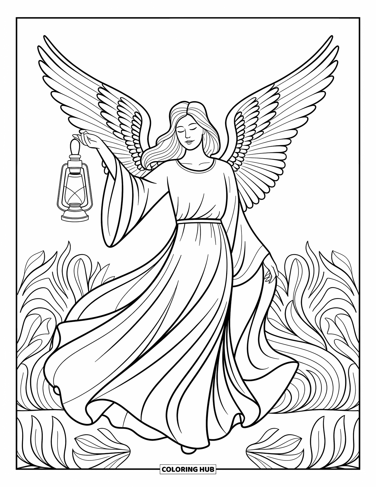 Desen de colorat cu îngeri pentru adulți: Un înger cu un felinar stă într-o grădină liniștită