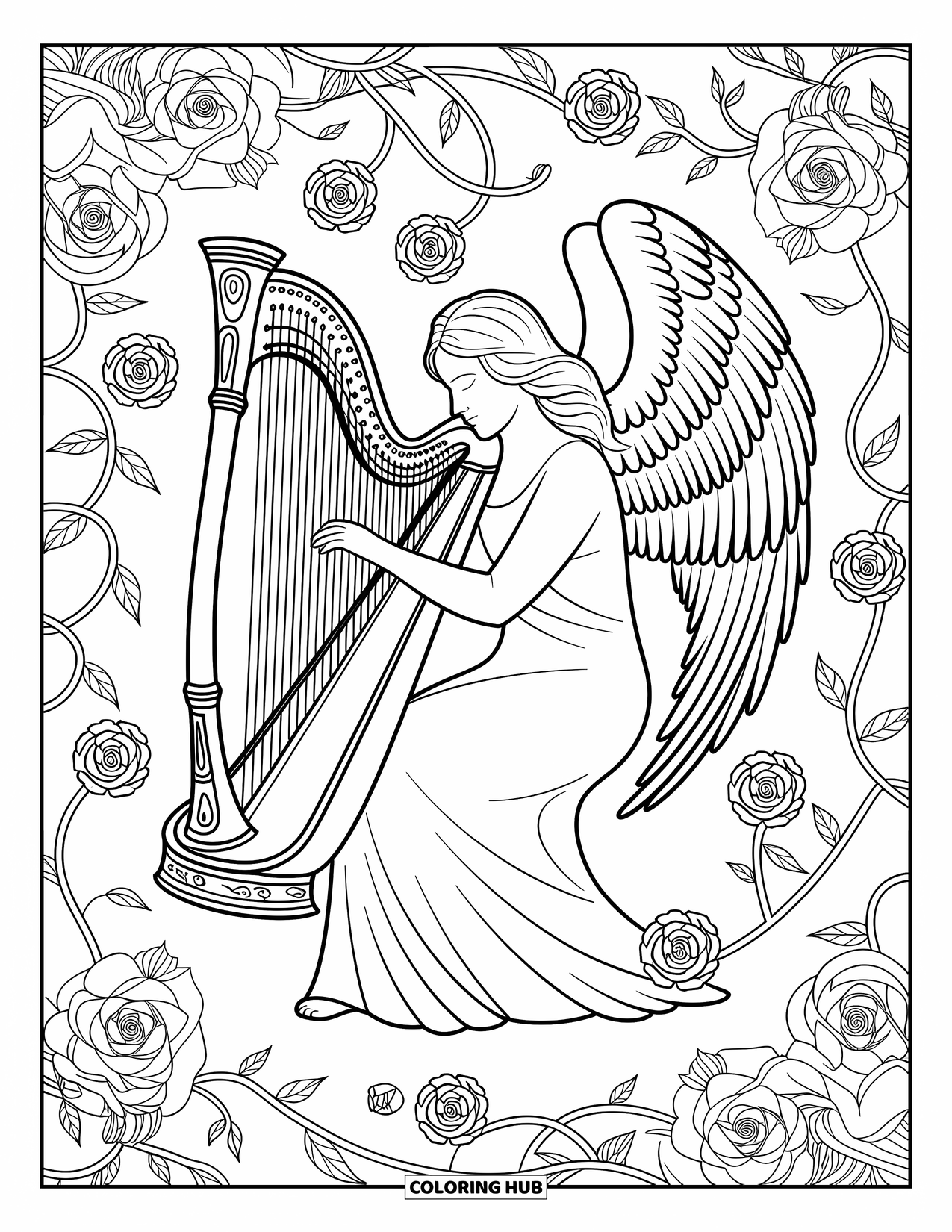 Desen de colorat cu îngeri pentru adulți: Un înger cu o expresie senină cântă la o harpă printre trandafiri și liane