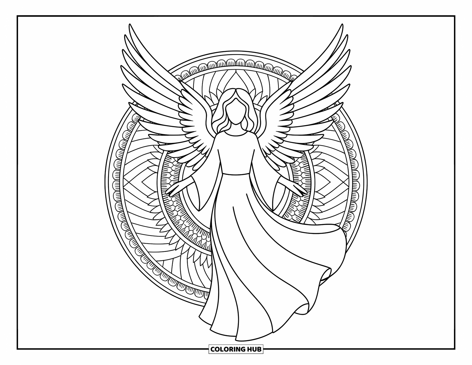 Desen de colorat cu îngeri pentru adulți: Un înger cu o expresie senină stă printre modele de mandale