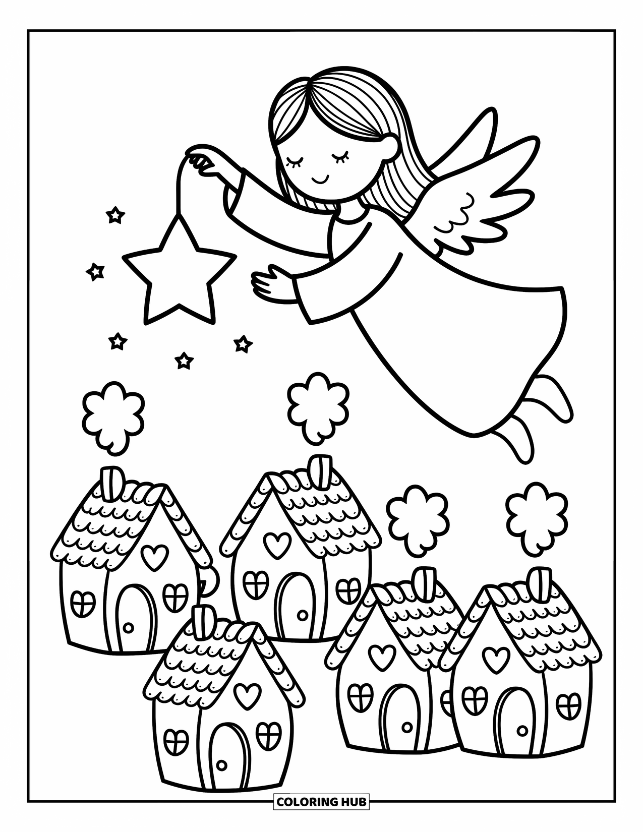 Desen de colorat cu îngeri pentru adulți: Un înger cu un felinar stelar plutește deasupra caselor din nori
