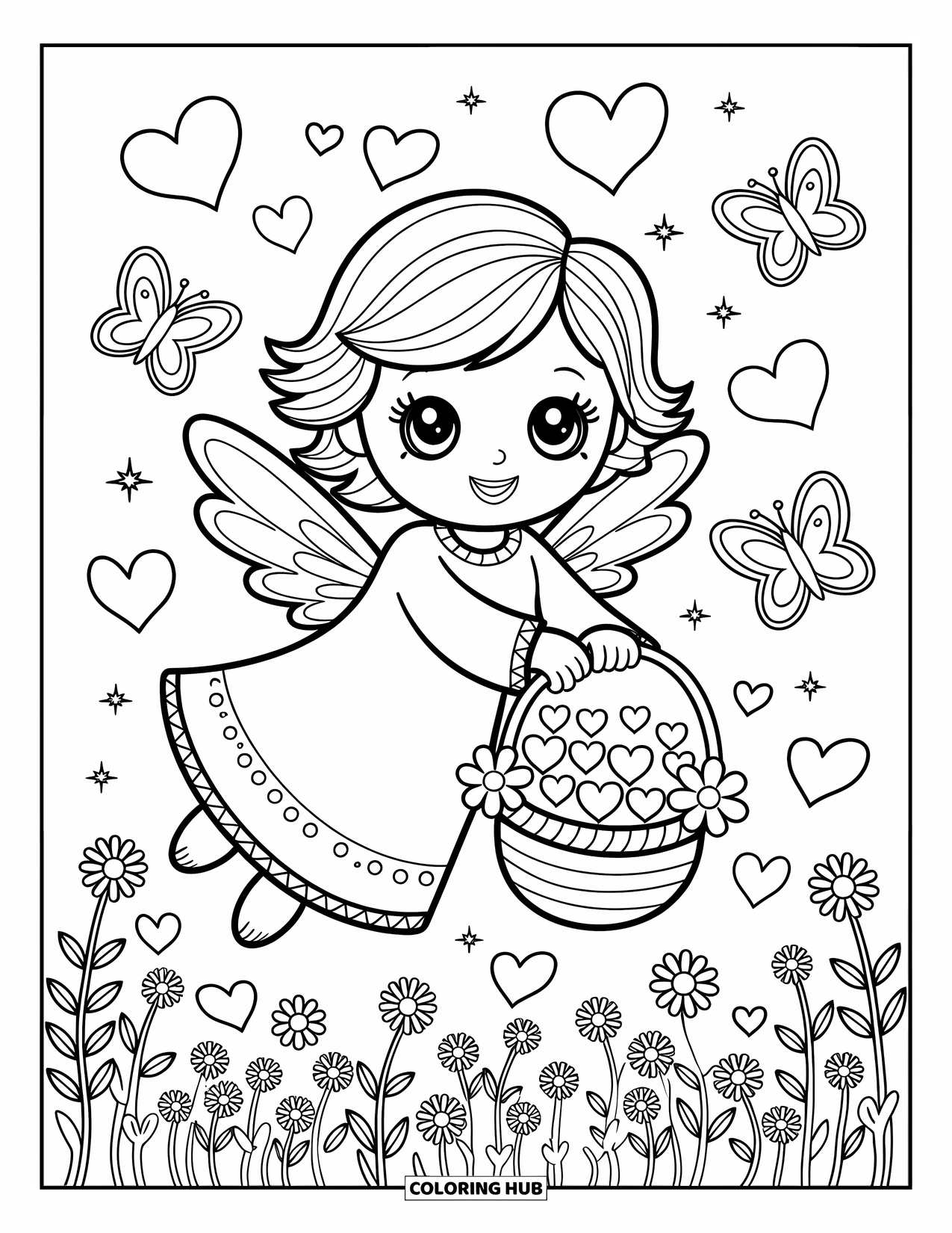 Desen de colorat cu îngeri pentru adulți: Un înger cu o baghetă magică face stelele să plutească și să strălucească