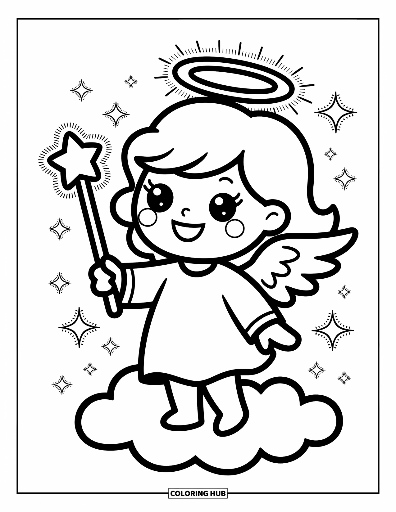 Desen de colorat cu îngeri pentru adulți: Un înger cu o baghetă magică trimite scântei și stele în jur