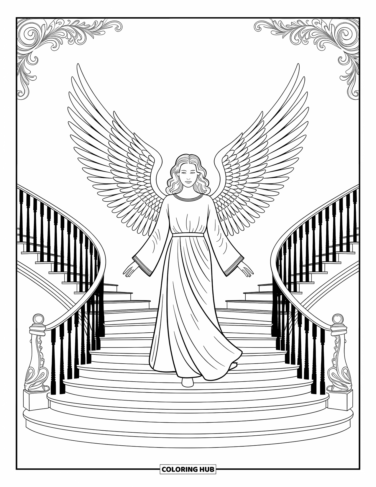 Desen de colorat cu îngeri pentru adulți: Un înger cu aripi în stil baroc pe o scară elegantă