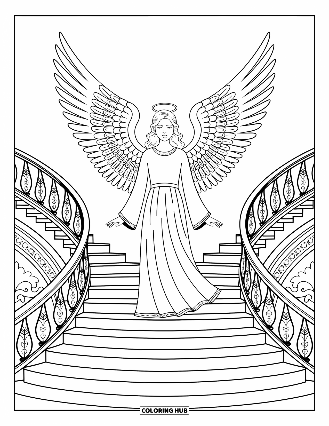 Desen de colorat cu îngeri pentru adulți: Un înger cu aripi baroc pe o scară grandioasă, șerpuitoare