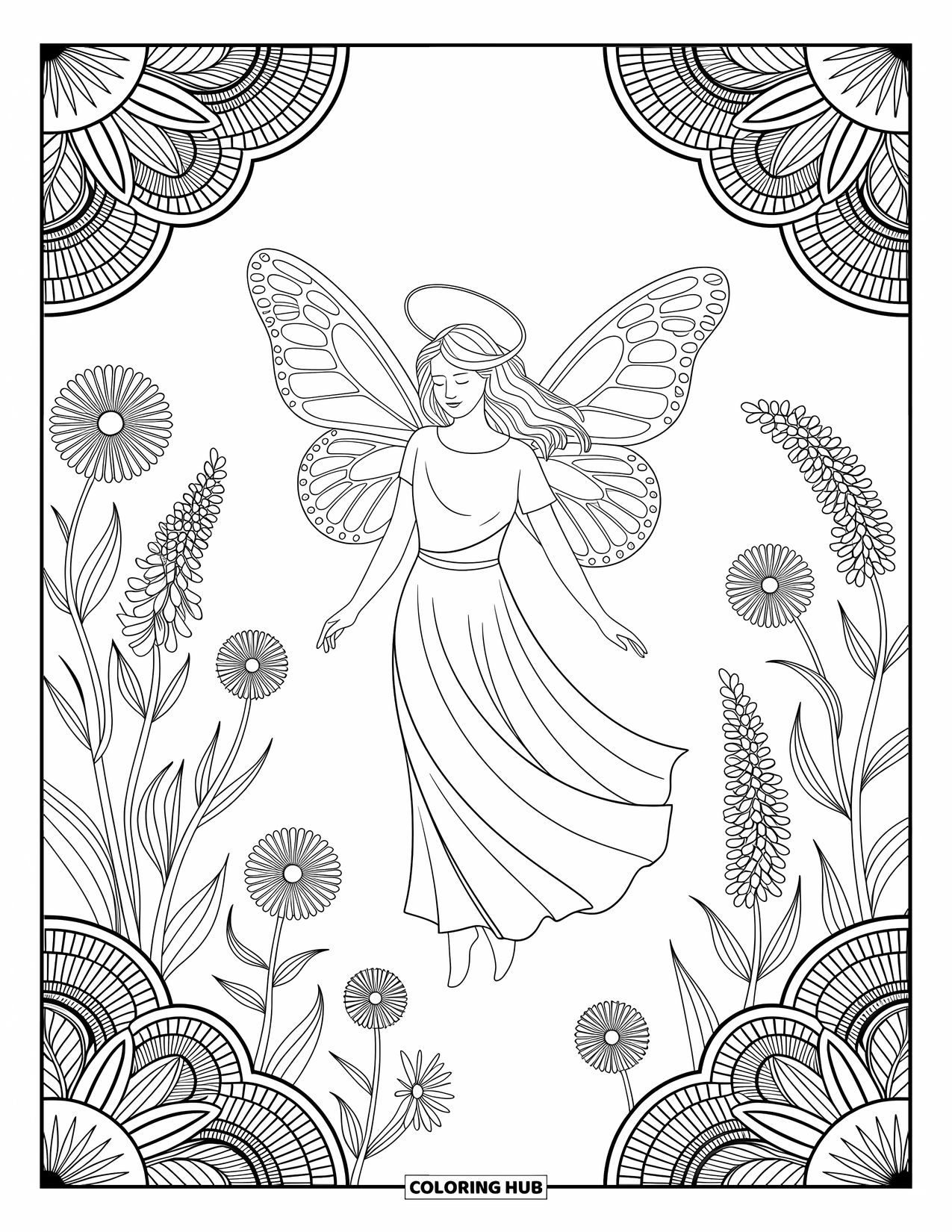 Desen de colorat cu îngeri pentru adulți: Un înger cu aripi de fluture plutește grațios printre flori sălbatice