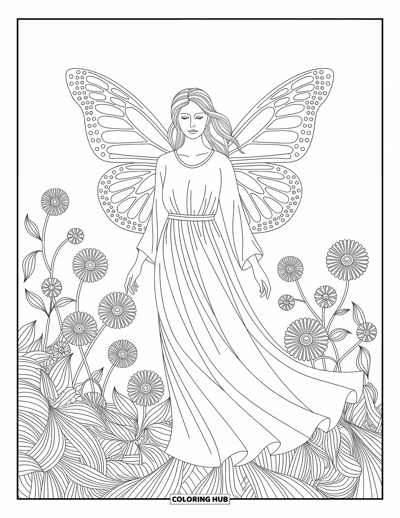 Desen de colorat cu îngeri pentru adulți: Un înger cu aripi de fluture stă printre flori sălbatice