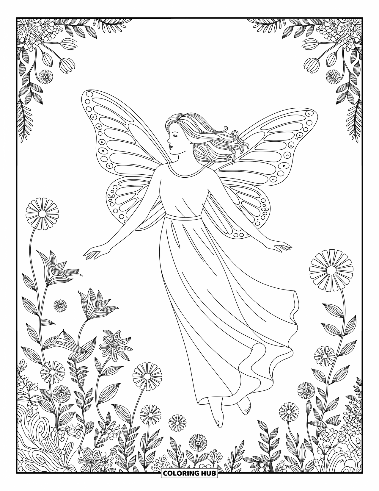 Desen de colorat cu îngeri pentru adulți: Un înger cu aripi de fluture stă elegant printre flori sălbatice