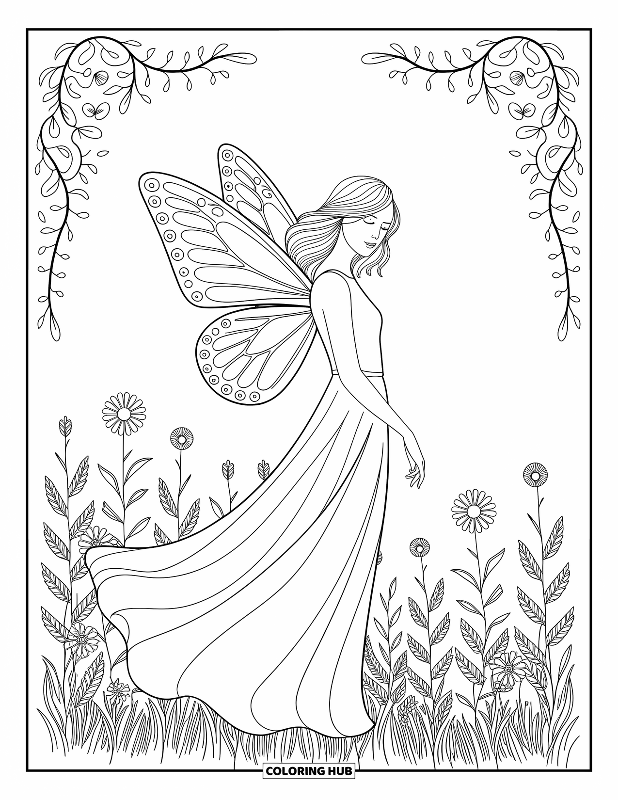 Desen de colorat cu îngeri pentru adulți: Un înger cu aripi de fluture stă grațios printre flori
