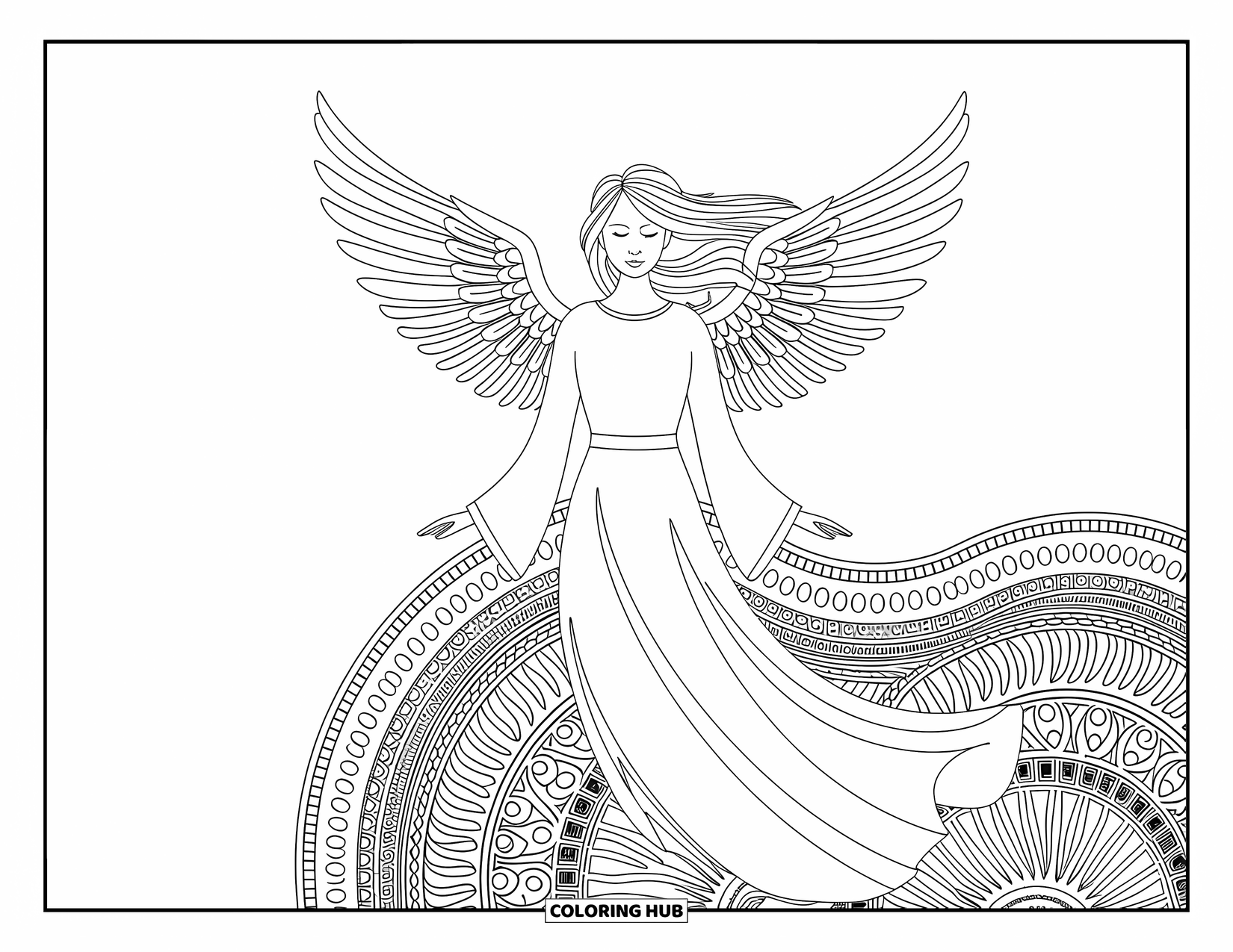 Desen de colorat cu îngeri pentru adulți: Un înger cu aripi delicate este înconjurat de mandale complicate