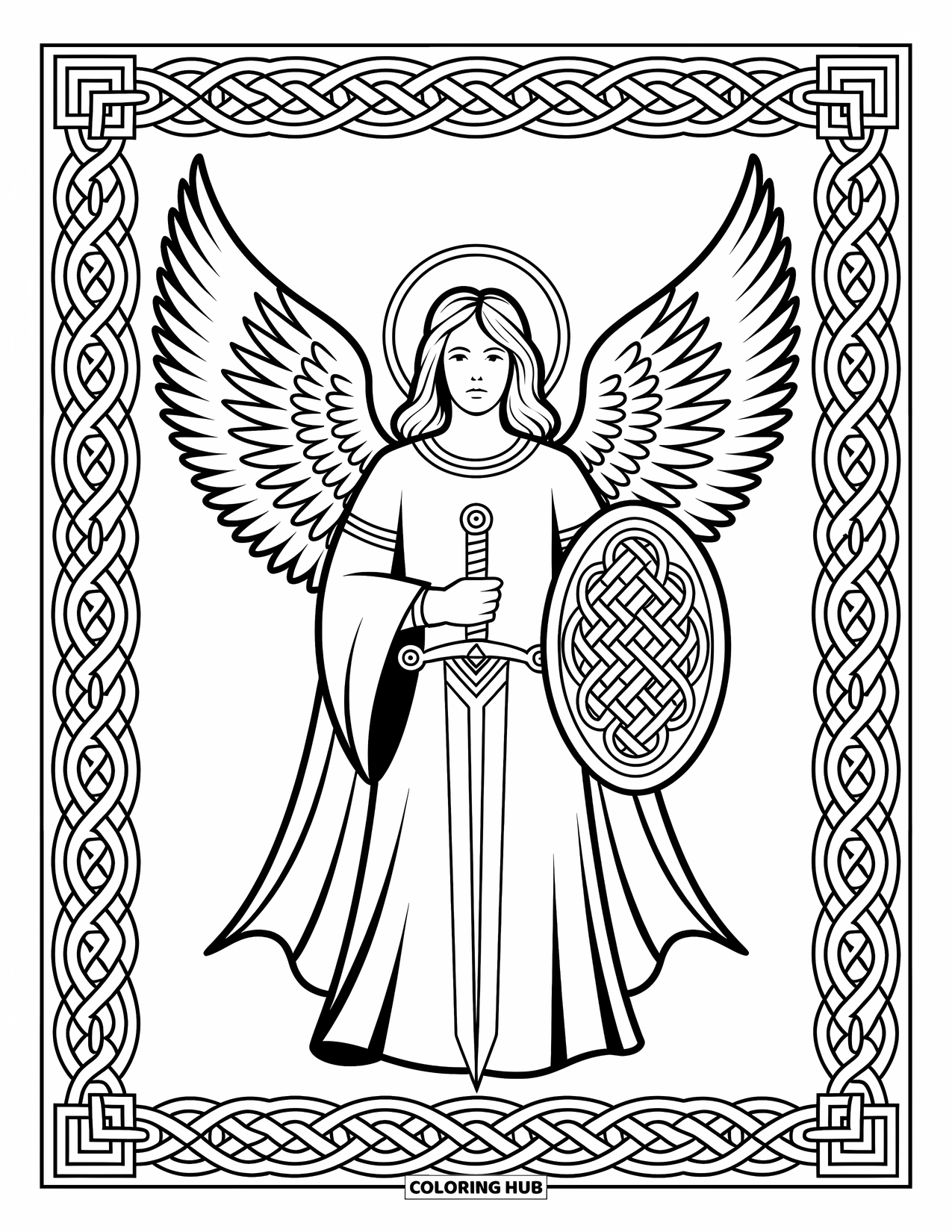 Desen de colorat cu îngeri pentru adulți: Un înger cu aripi delicate cântă la o harpă printre liane și trandafiri