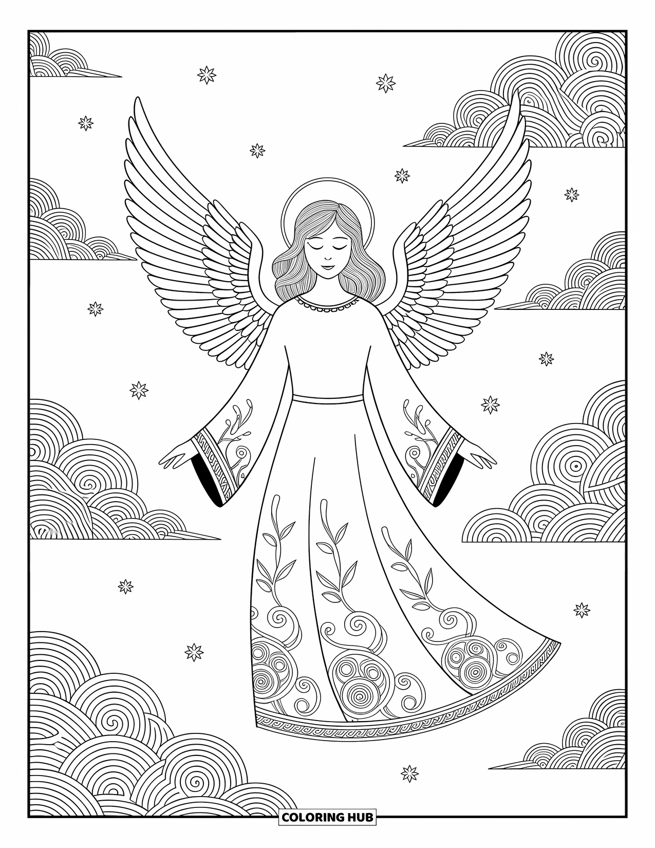 Desen de colorat cu îngeri pentru adulți: Un înger cu aripi delicate stă printre nori și stele