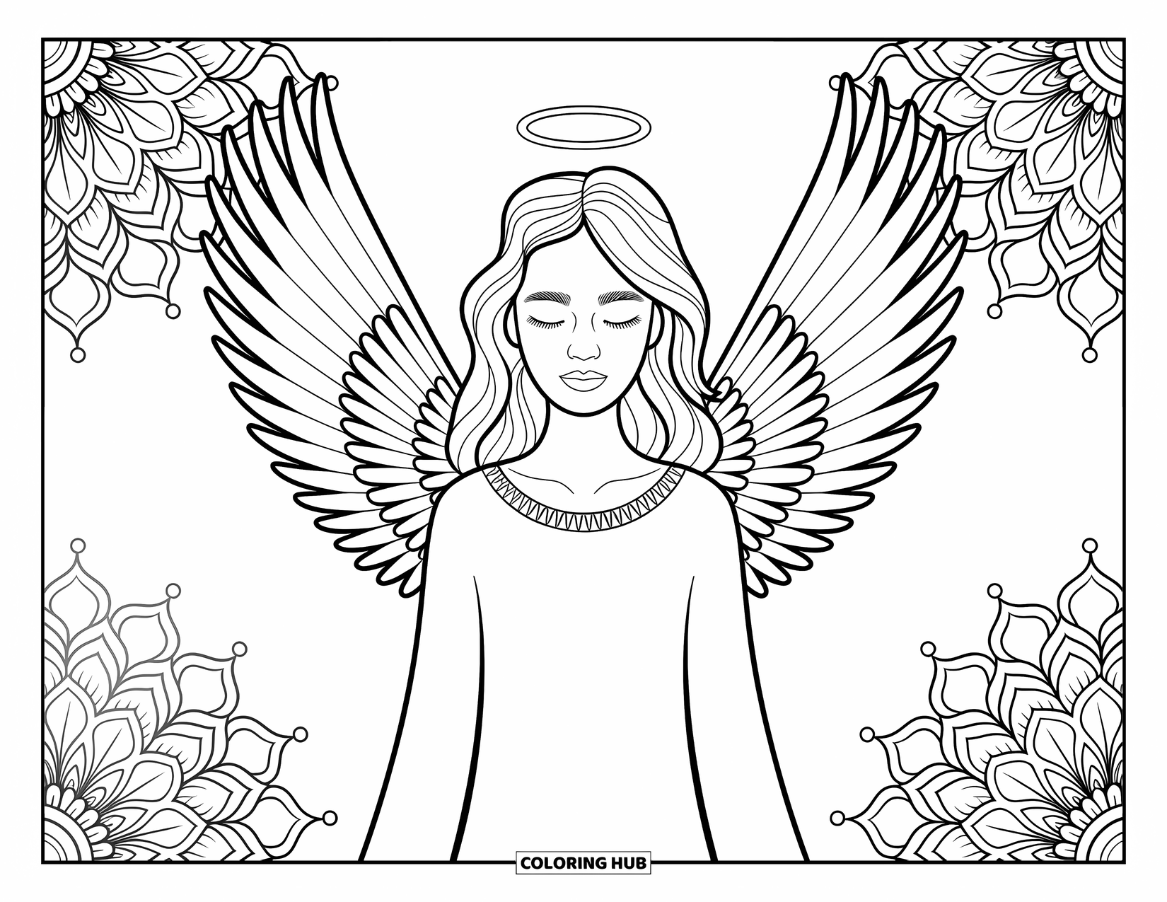 Desen de colorat cu îngeri pentru adulți: Un înger cu aripi delicate stă printre mandale complicate