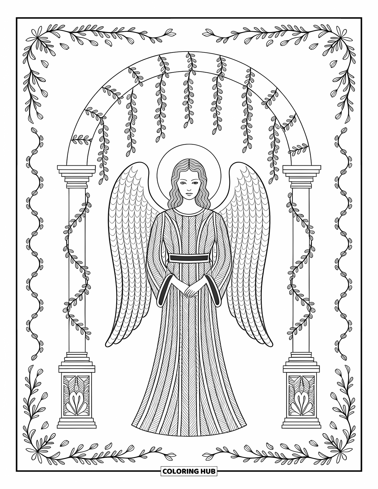 Desen de colorat cu îngeri pentru adulți: Un înger cu robe detaliate stă sub o arcadă acoperită de liane