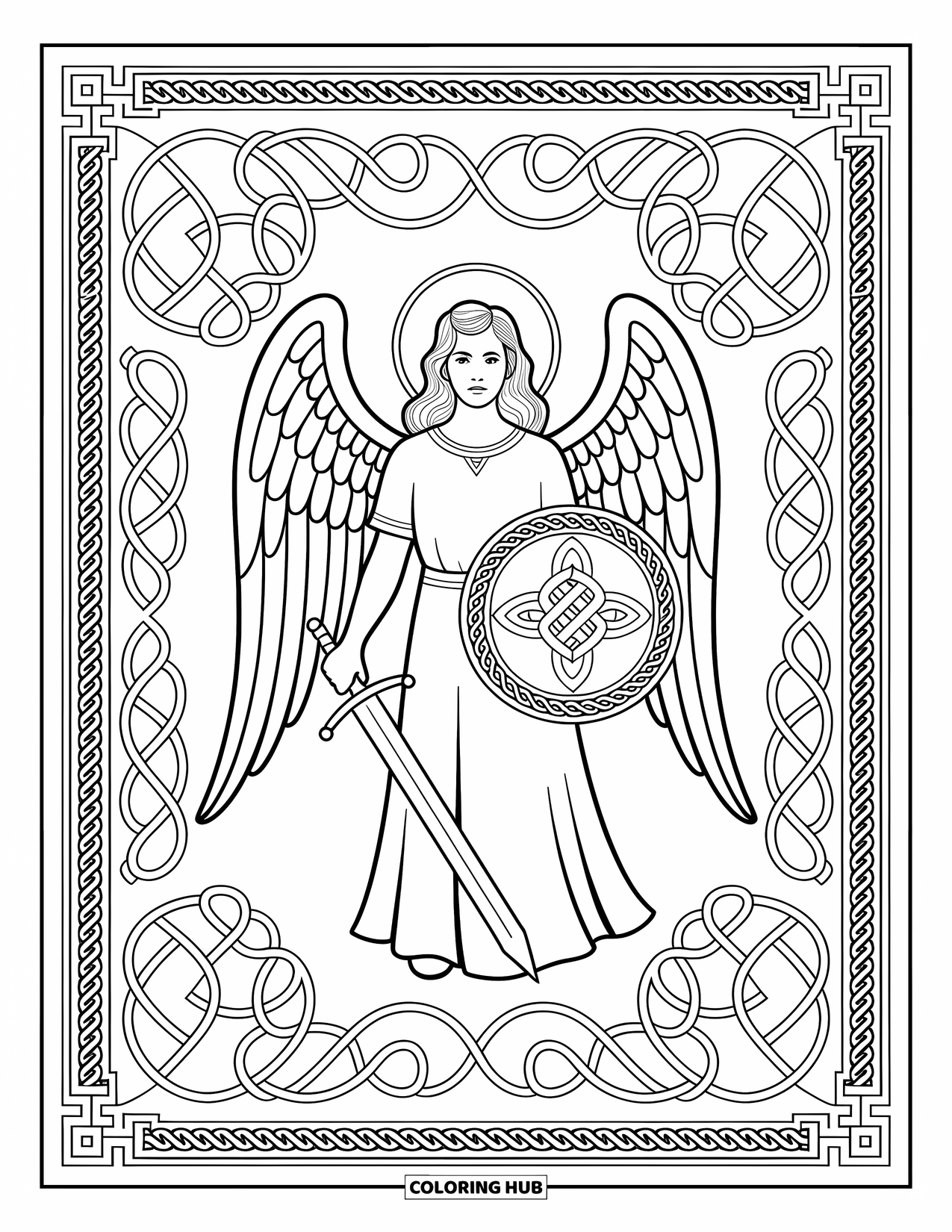 Desen de colorat cu îngeri pentru adulți: Un înger cu robe detaliate sub o arcadă împodobită cu liane