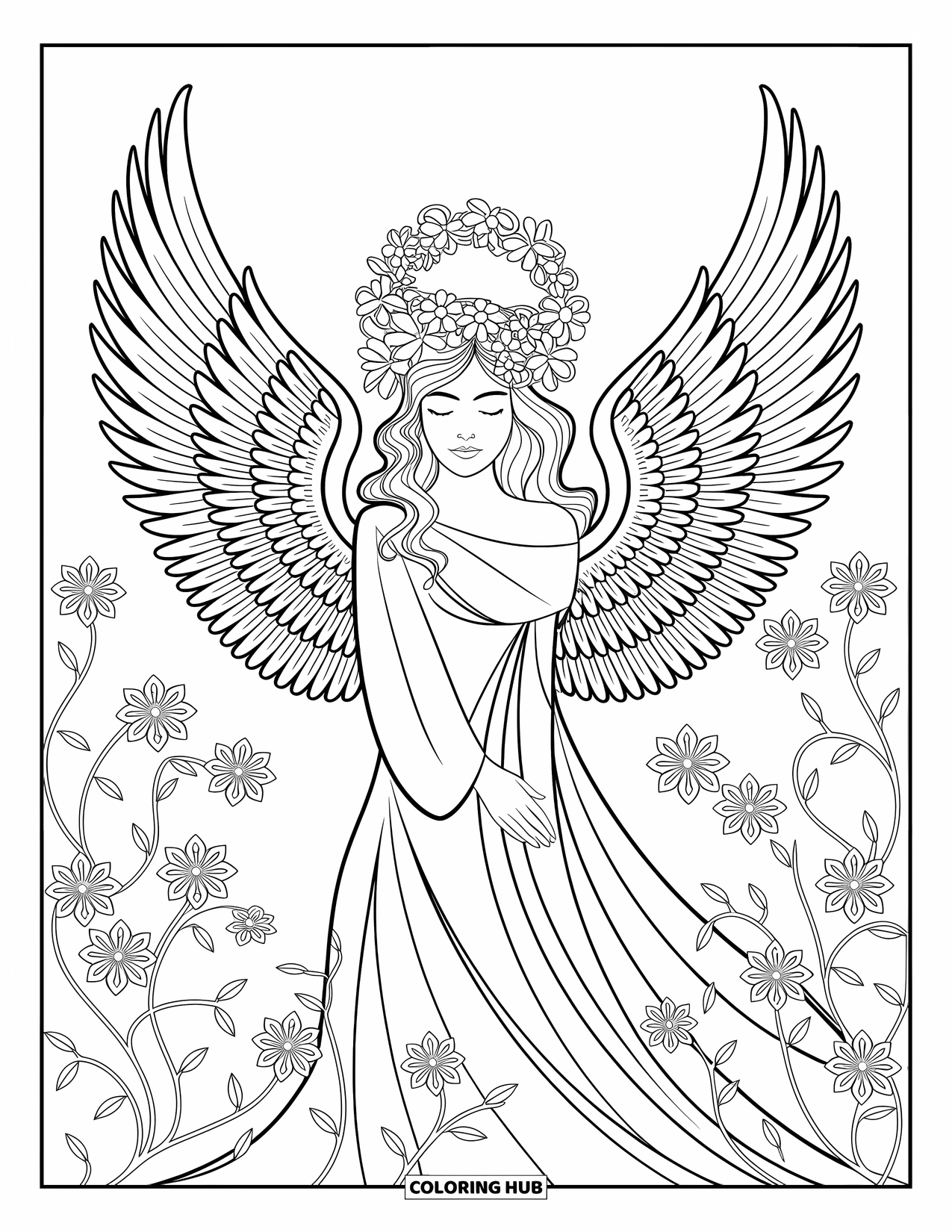 Desen de colorat cu îngeri pentru adulți: Un înger cu aripi înfoiate și o aureolă florală printre flori complicate