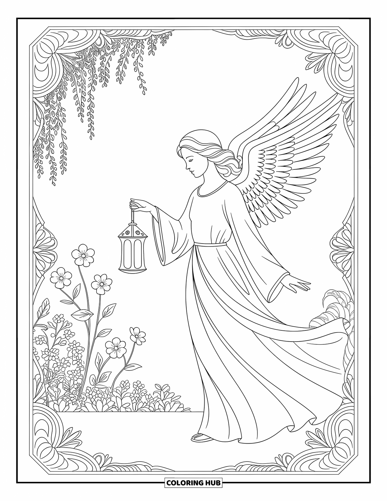 Desen de colorat cu îngeri pentru adulți: Un înger cu robe largi și un felinar într-o grădină liniștită
