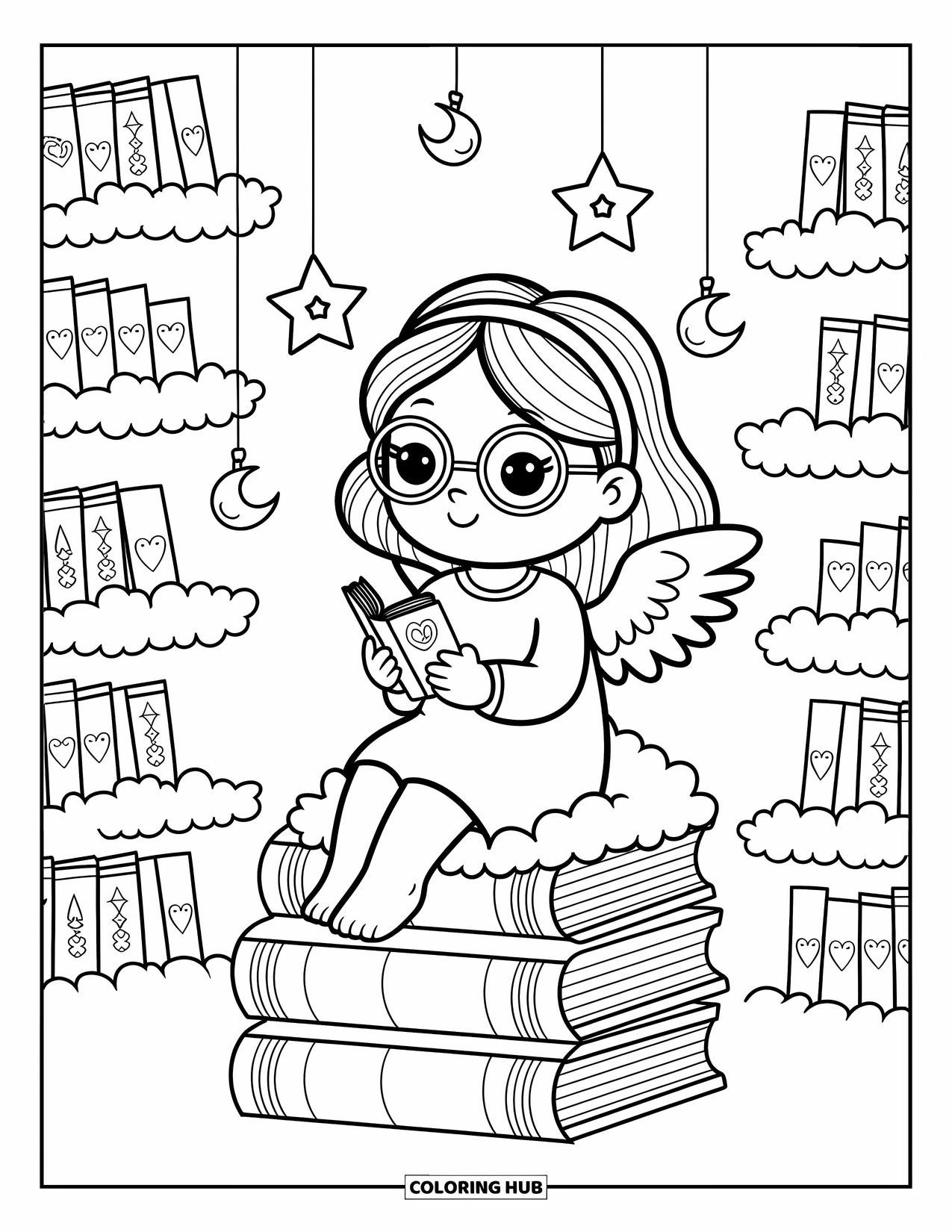 Desen de colorat cu îngeri pentru adulți: Un înger cu ochelari citește printre cărți nor și felinare stelare