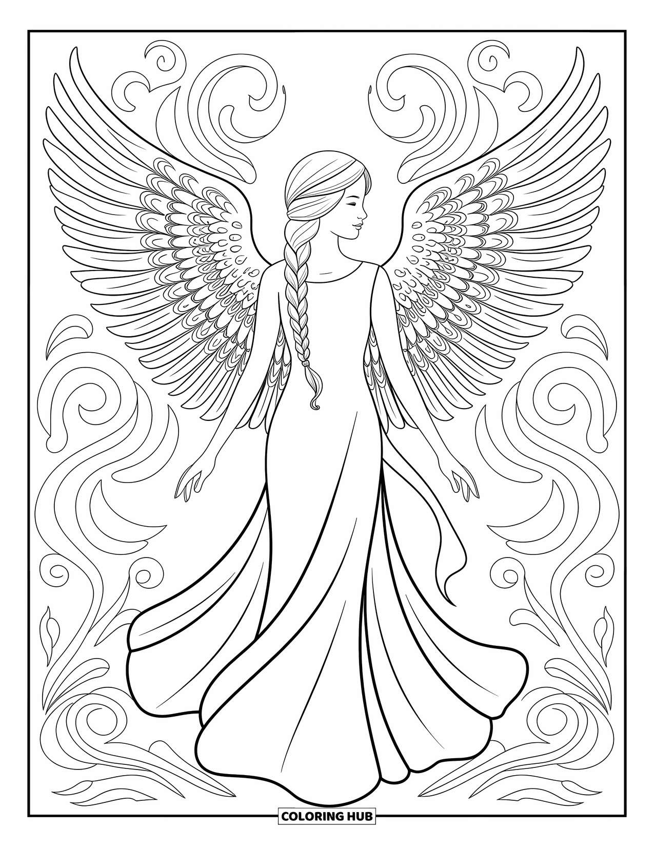 Desen de colorat cu îngeri pentru adulți: Un înger cu aripi acoperite de iederă și o împletitură lungă stă grațios